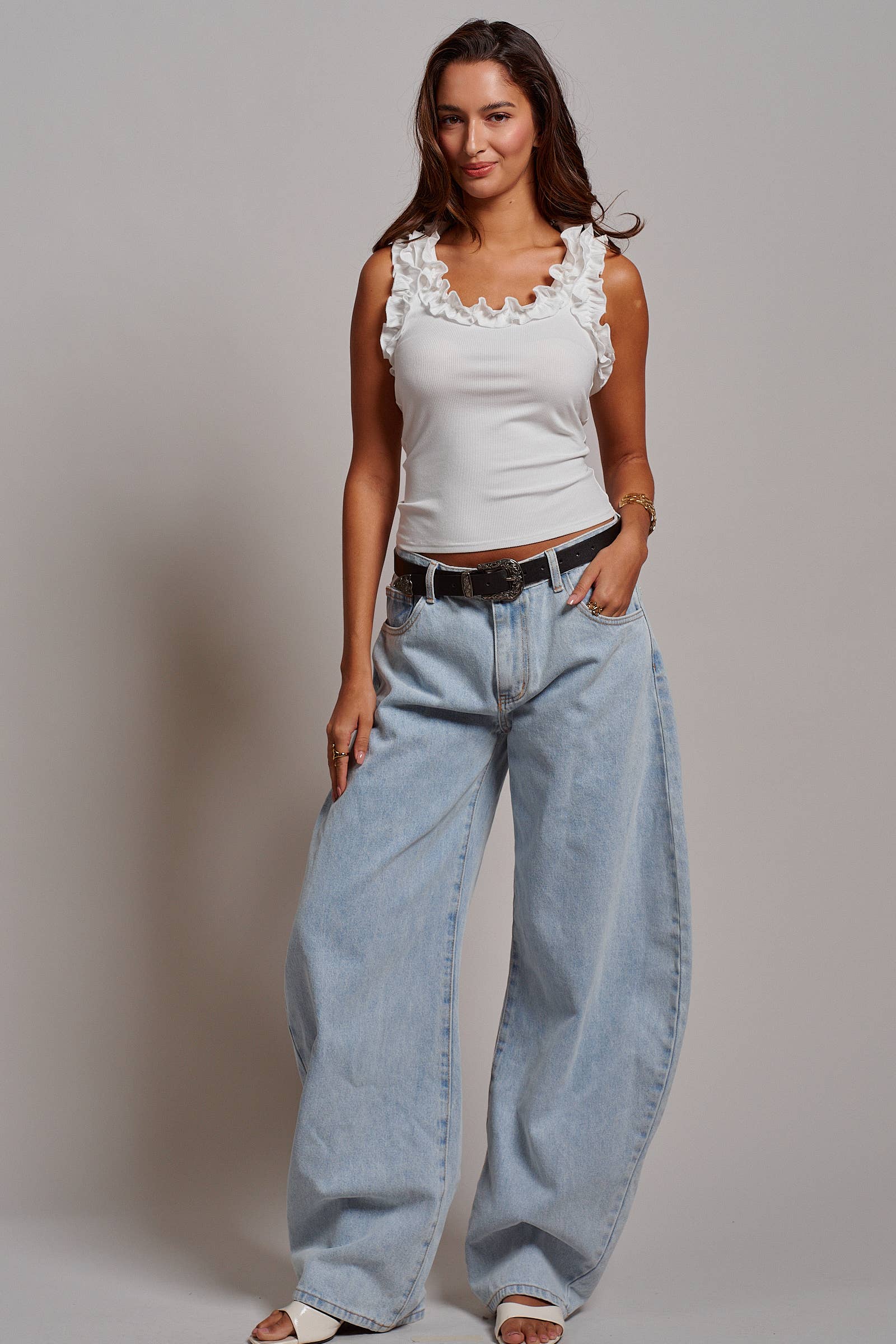 Ruffle Trim Ribbed Rayon Racerback Tank Top