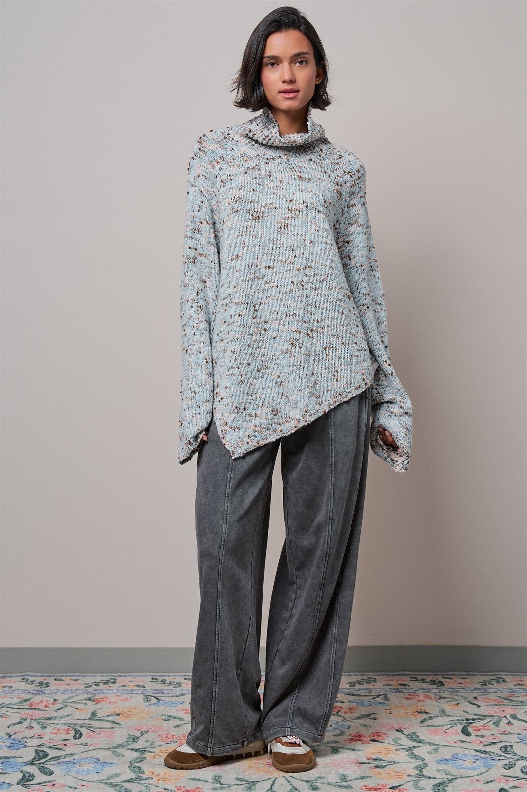 Chunky Knit Mock Neck Oversized Poncho Sweater in BLUE - Women's Sweaters | Urban Daizy