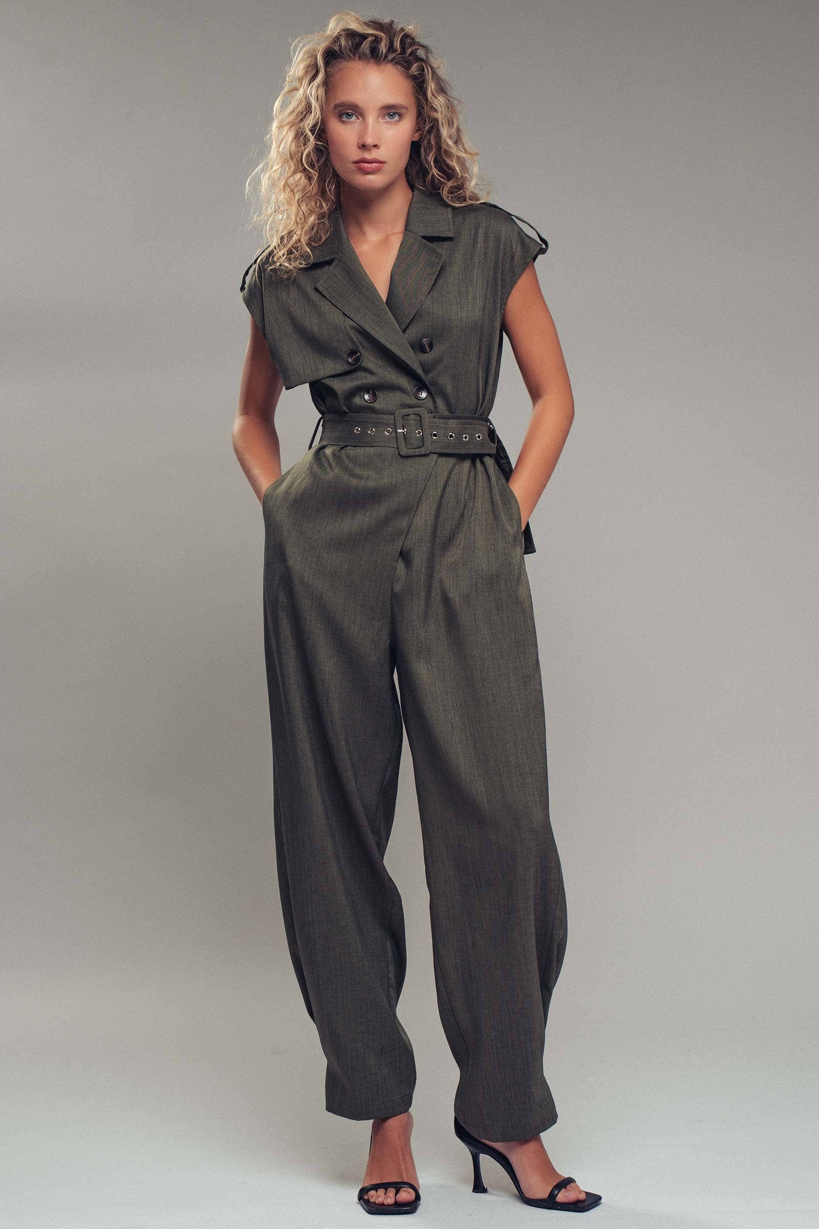 Urban Daizy Double-Breasted Belted Jumpsuit Taupe Jumpsuit - Women's (UDZ-KN-00654) – alternate view 3
