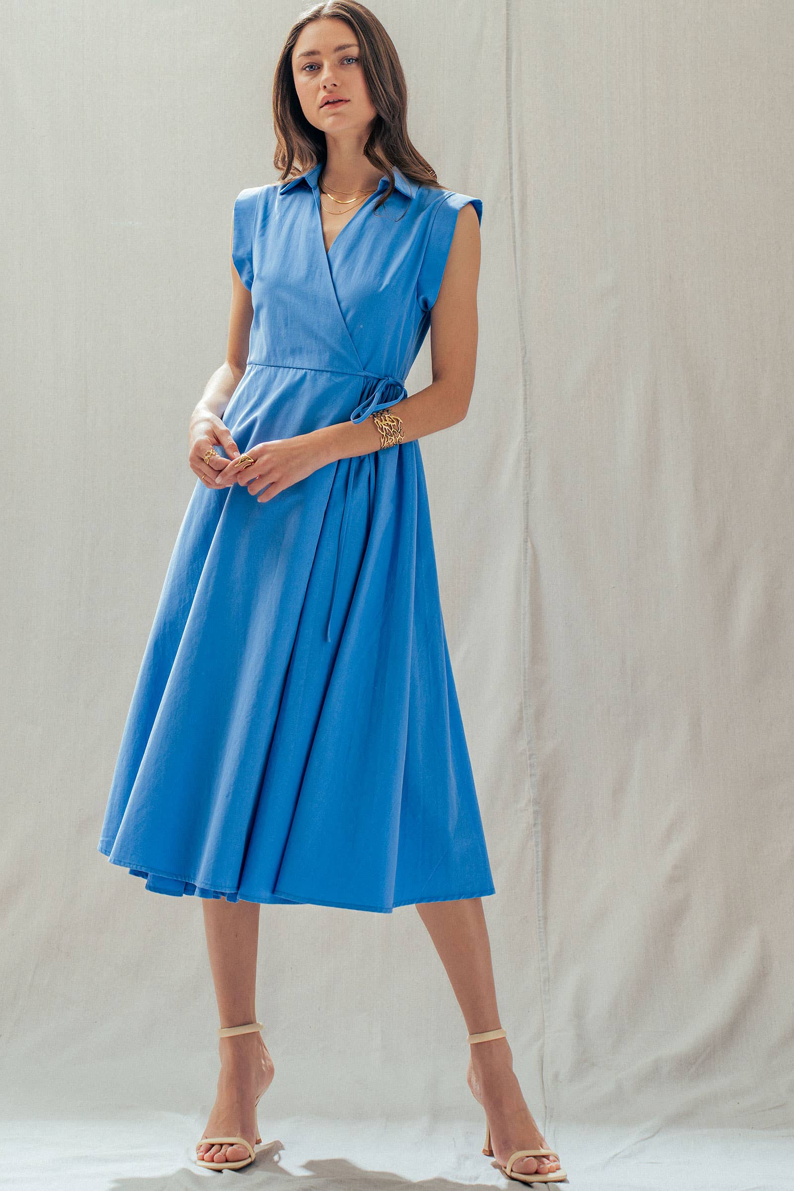 Collared Cap Sleeve Wrap Midi Dress