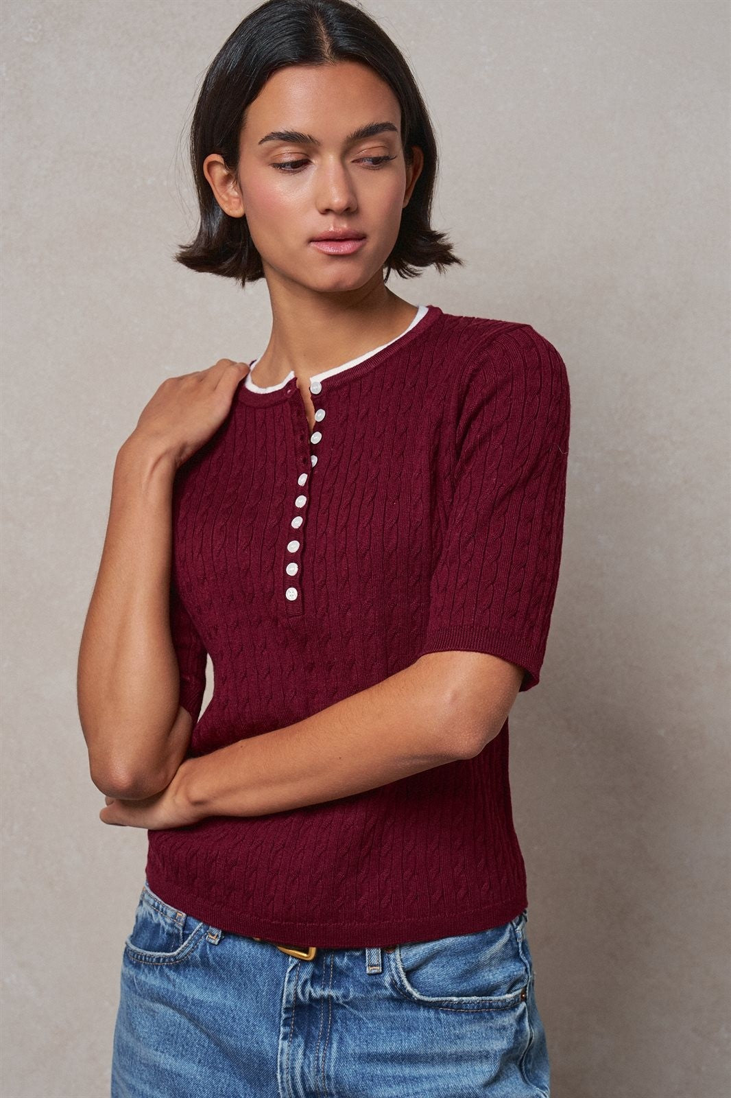 Wool Blend Cable Knit Henley with Contrast Neckline in BURGUNDY - Women's Sweaters | Urban Daizy