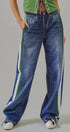 Wide Leg Faux Denim Print French Terry Track Pants with Side in DENIM - Women's Casual Pants | Urban Daizy