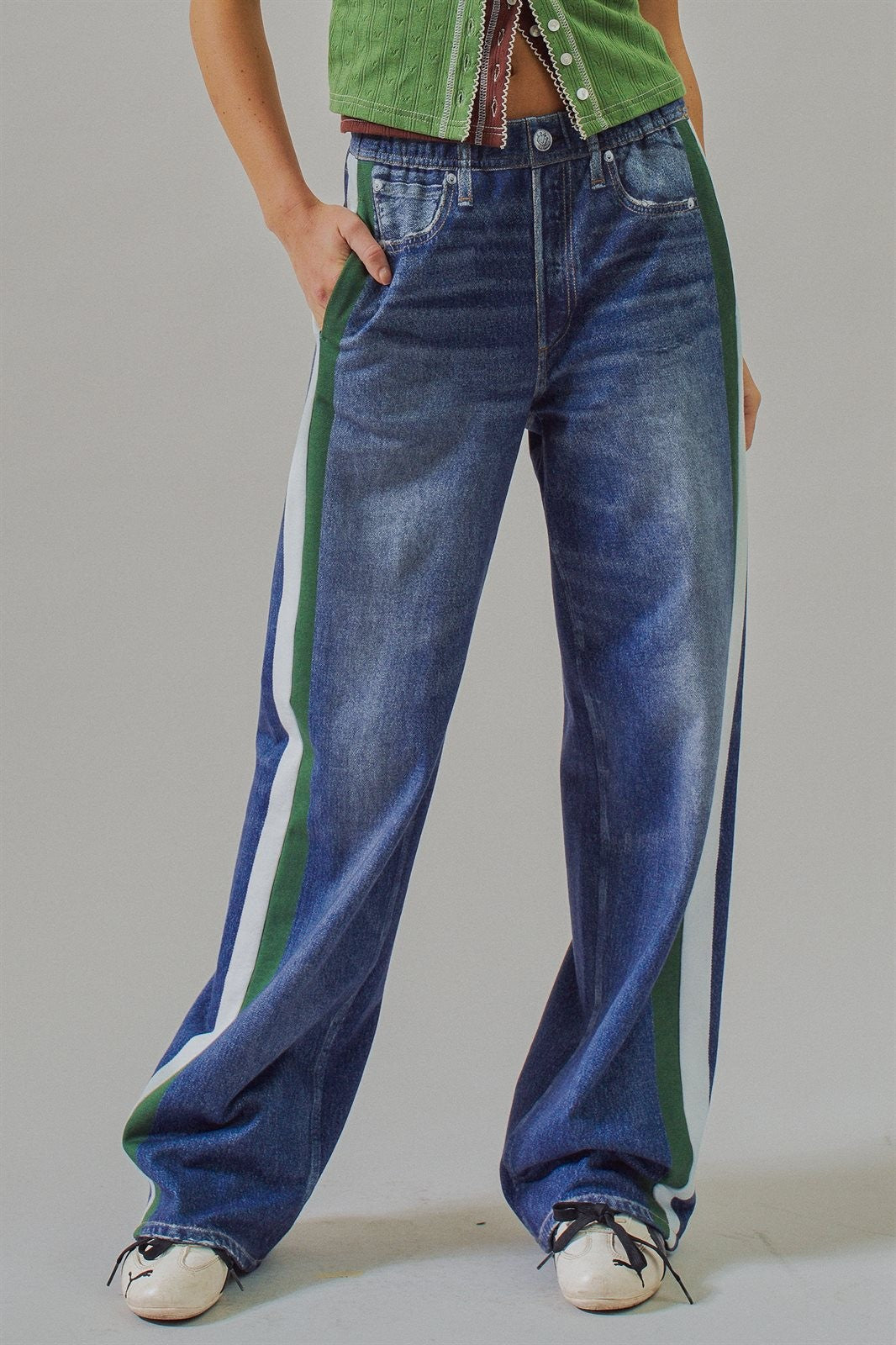 Wide Leg Faux Denim Print French Terry Track Pants with Side in DENIM - Women's Casual Pants | Urban Daizy
