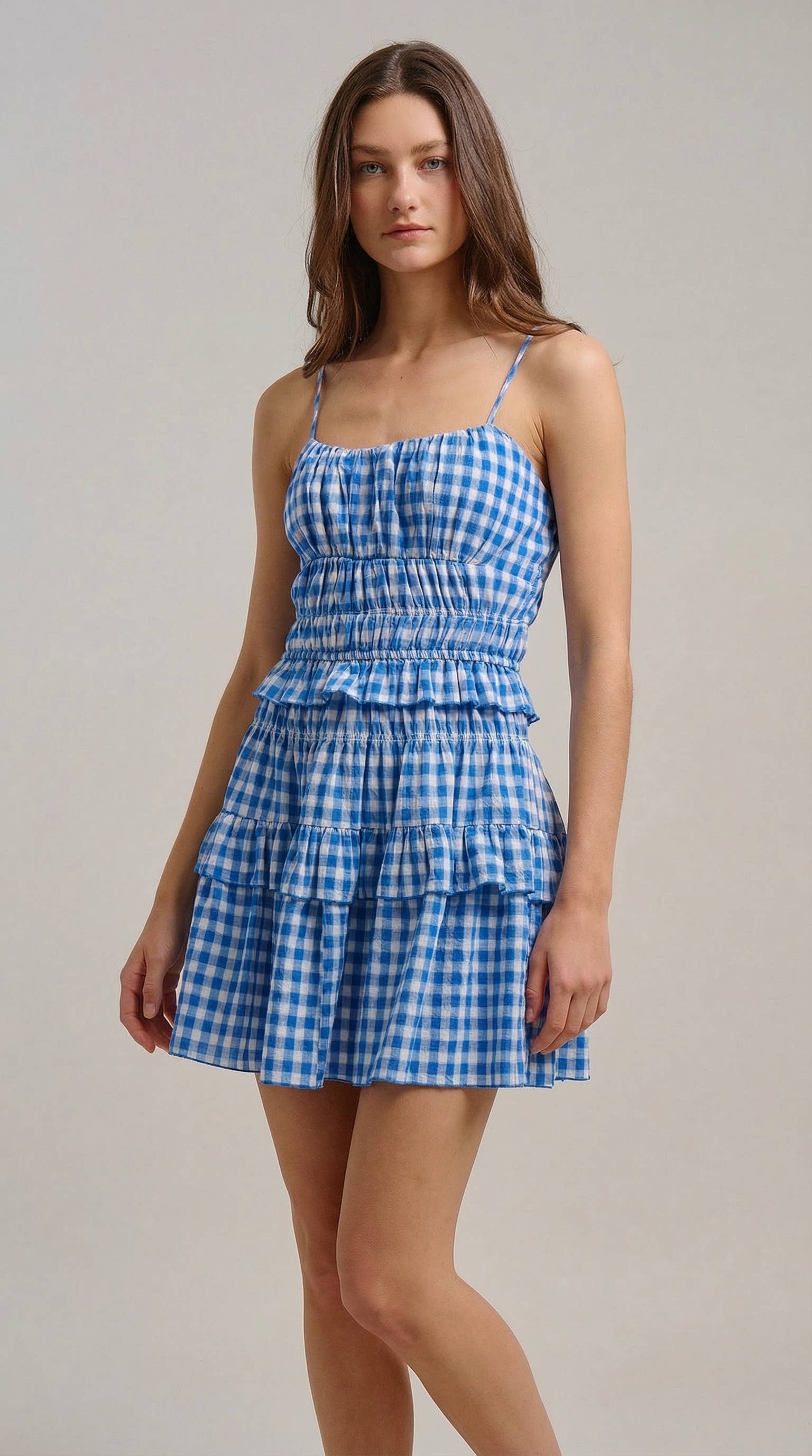 Urban Daizy Gingham Tiered Smocked Mini Dress Blue Dress - Women's (TNDR1640-Blue)