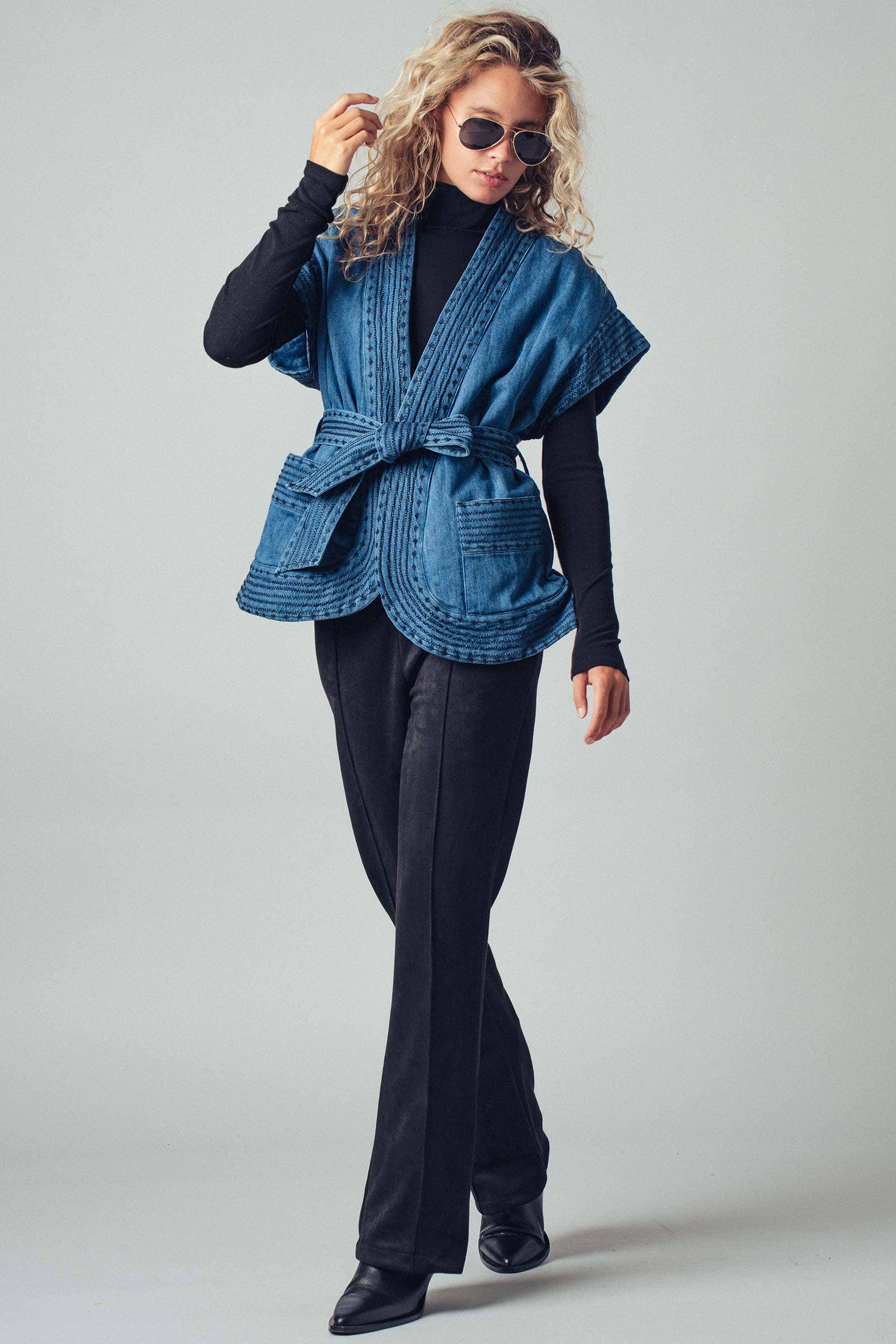 Washed Belted Denim Vest