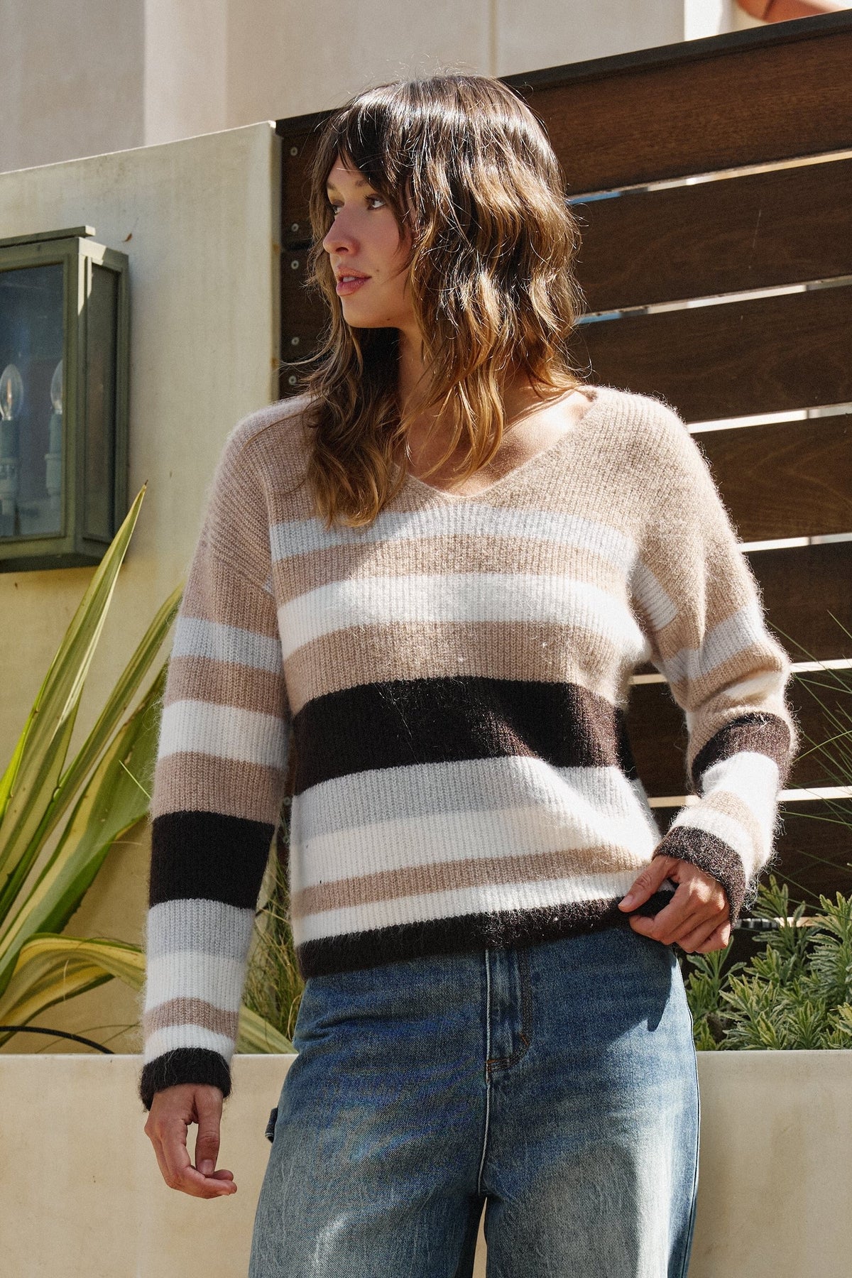 Cabin Stripe V Neck Sweater in TAUPE	 - Women's Sweaters | Urban Daizy