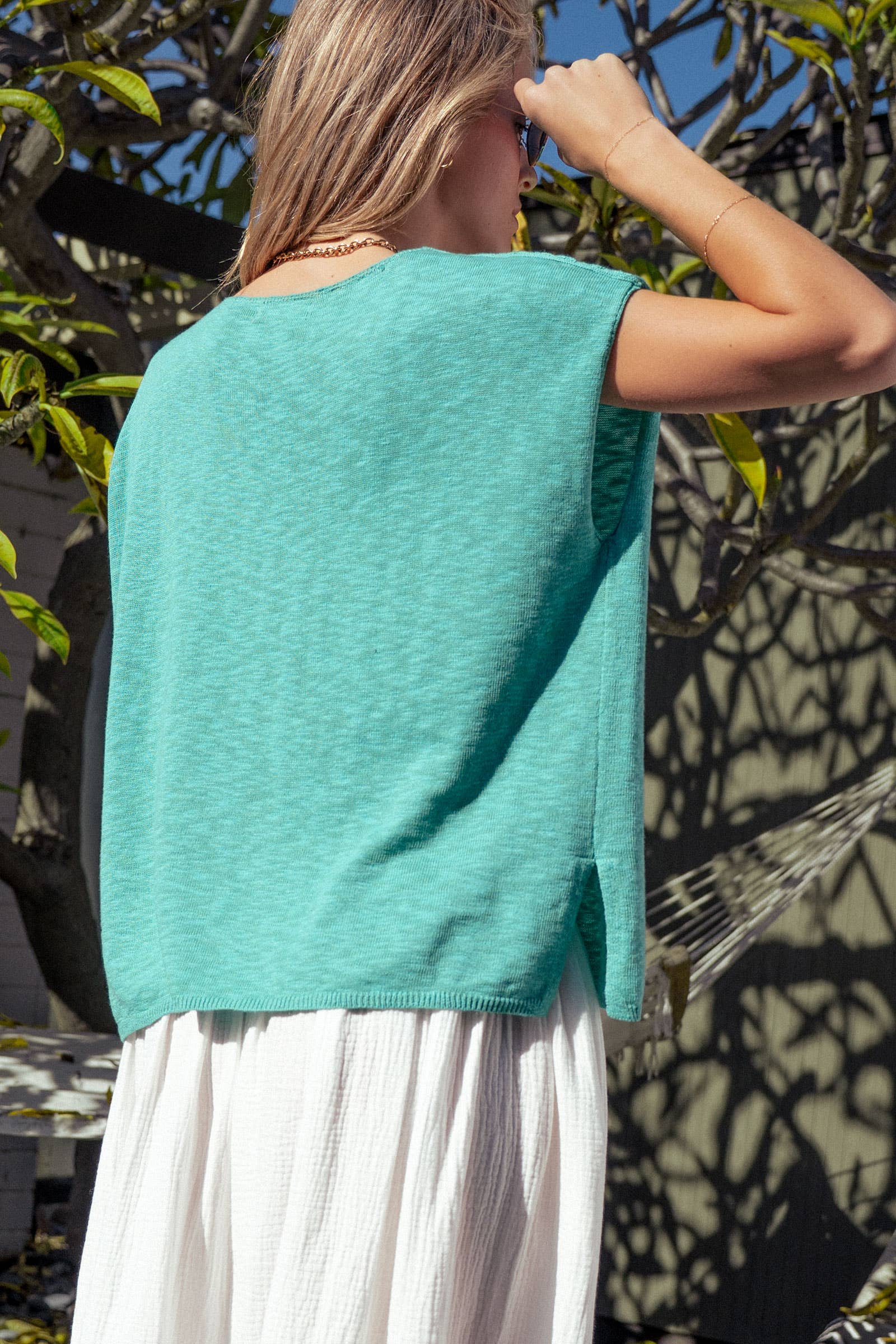 Urban Daizy Split Neck Cap Sleeve Cotton Blend Top Teal Blouse - Women's (UDZ-TP-01049) – alternate view 4