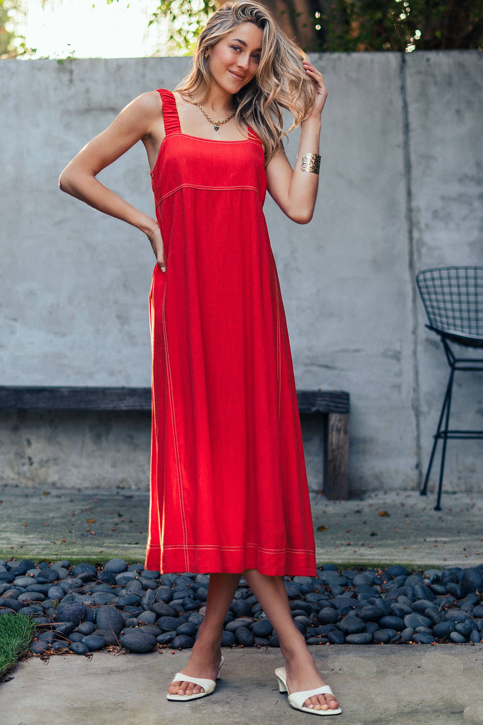 Contrast Stitch Square Neck Tencel Linen Midi Dress