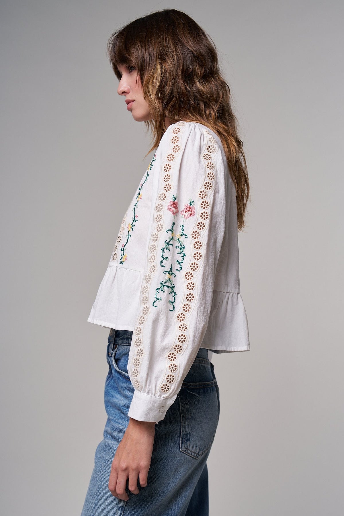 Folk Song Embroidered Peplum Blouse in WHITE - Women's Shirts & Blouses | Urban Daizy