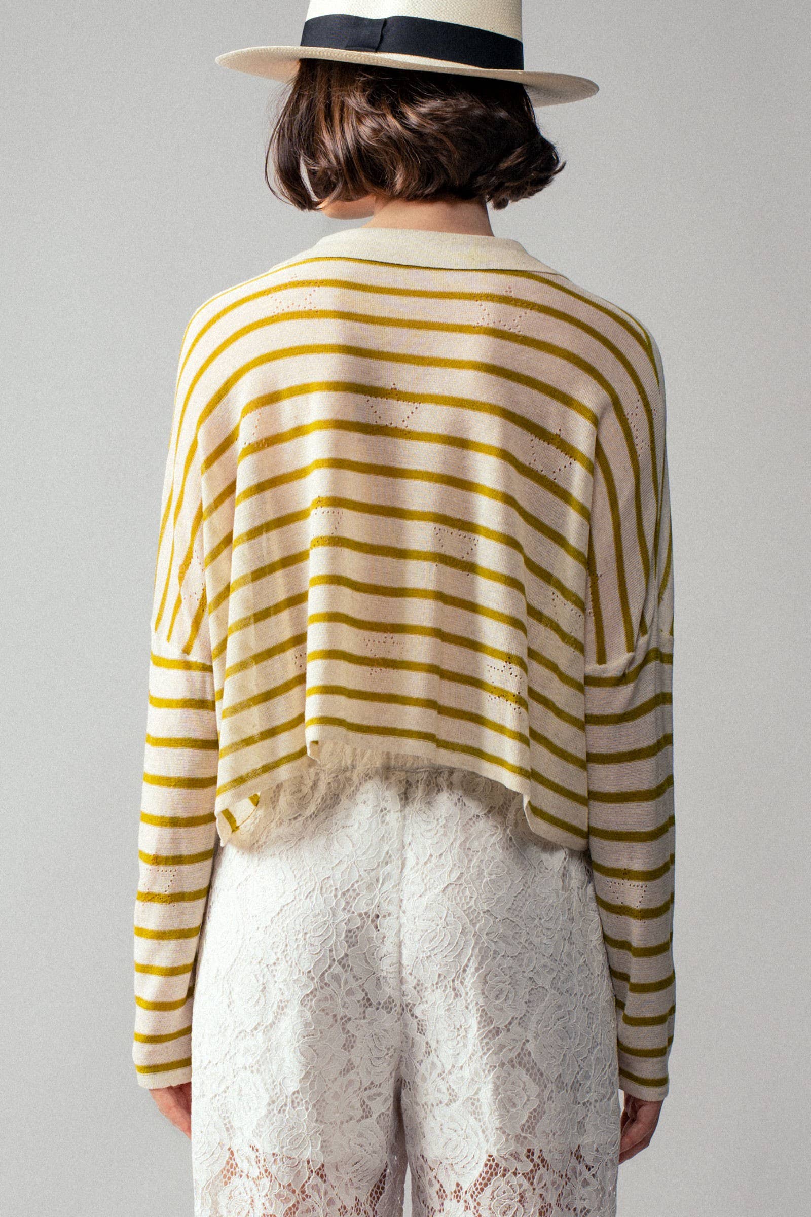 Urban Daizy Striped Eyelet Embroidered Cropped Polo Oatmeal Green Polo - Women's (UDZ-TP-00082) – alternate view 4