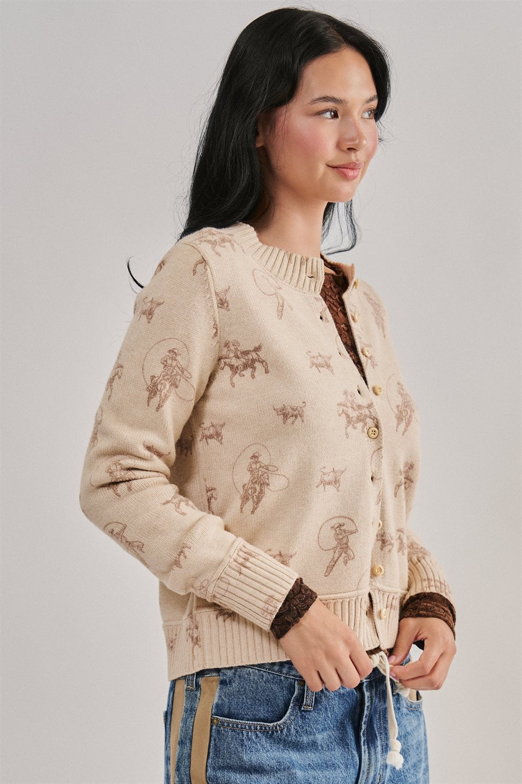 Western Cowboy Print Button Front Cardigan Sweater in KHAKI - Women's Cardigans & Shrugs | Urban Daizy