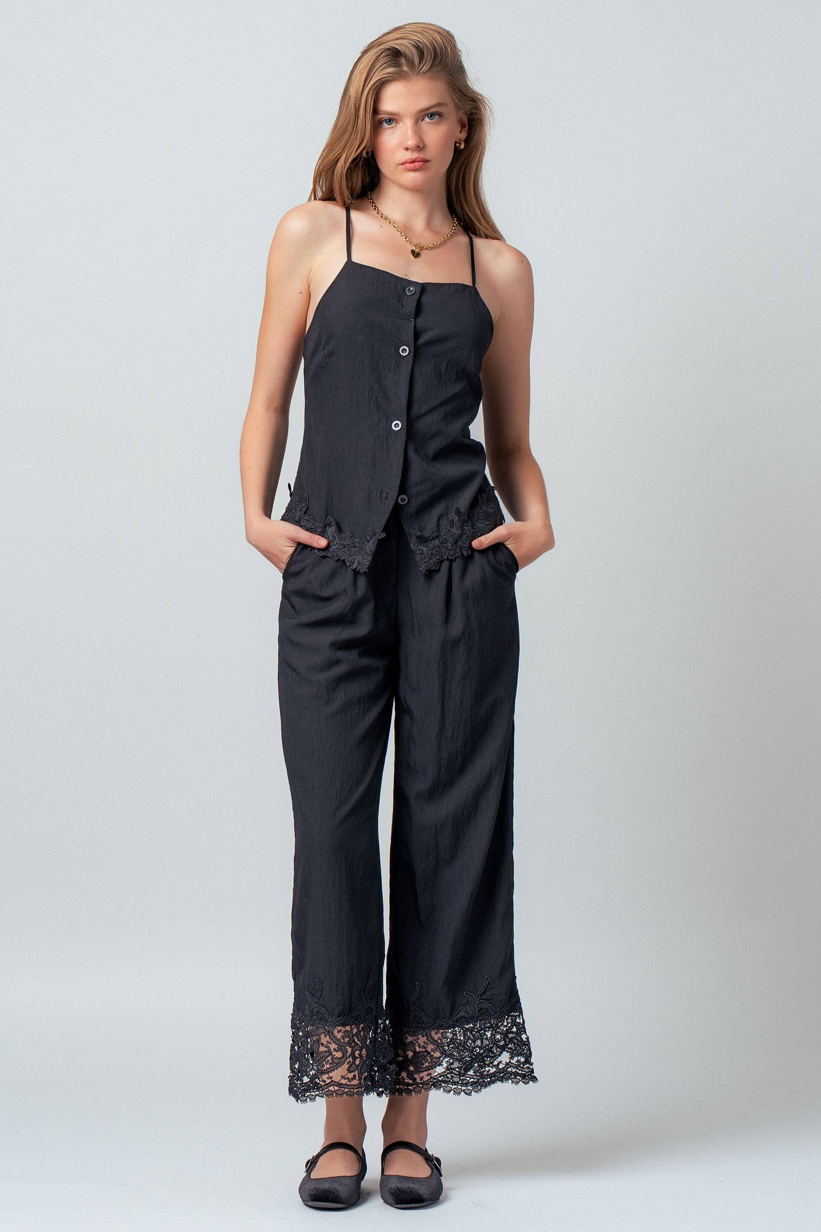 Crinkle Rayon Lace Trim Jumpsuit