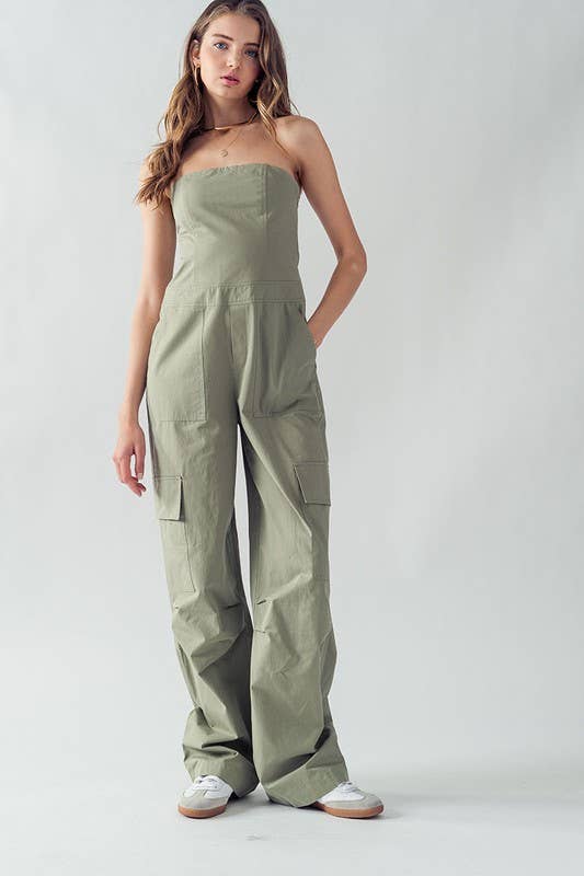 Urban Daizy Strapless Wide Leg Cargo Pocket Artisanal Jumpsuit Moss Jumpsuit - Women's (UDZ-JR-00002)