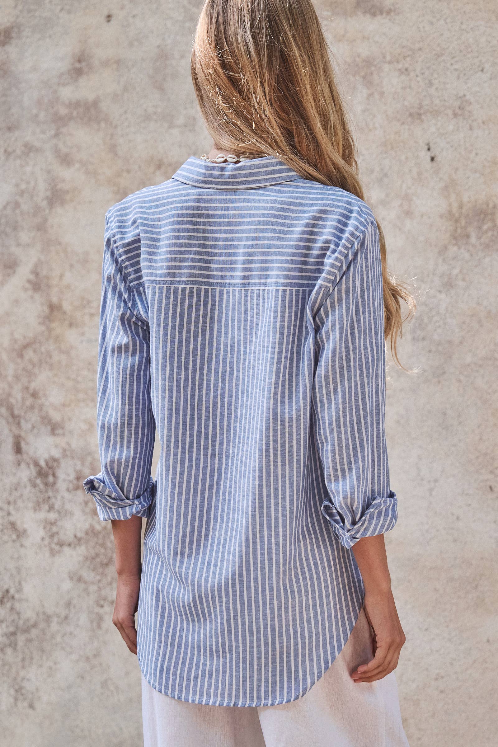 Urban Daizy Coastal Striped Linen-Blend Button Down Shirt Blue Button Down Shirt - Women's (TNTP4020-Blue) – alternate view 5