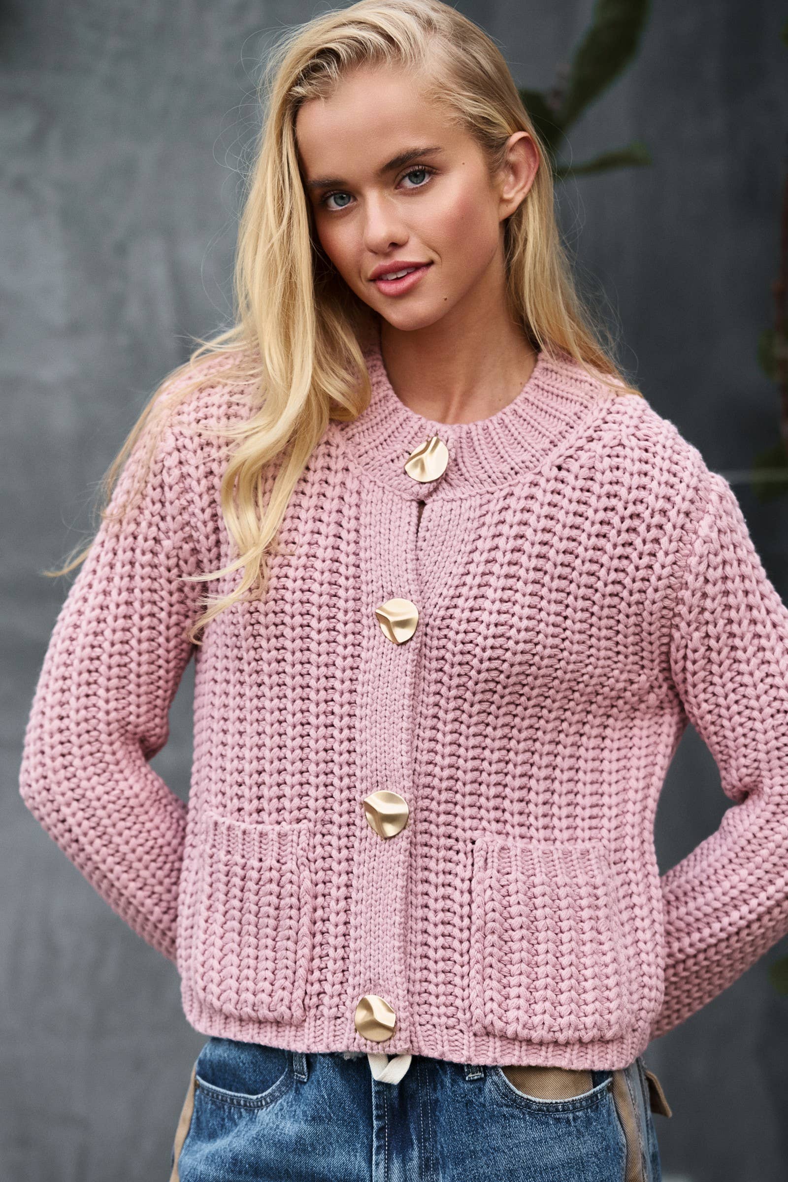 Chunky Gold Button Ribbed Knit Cardigan