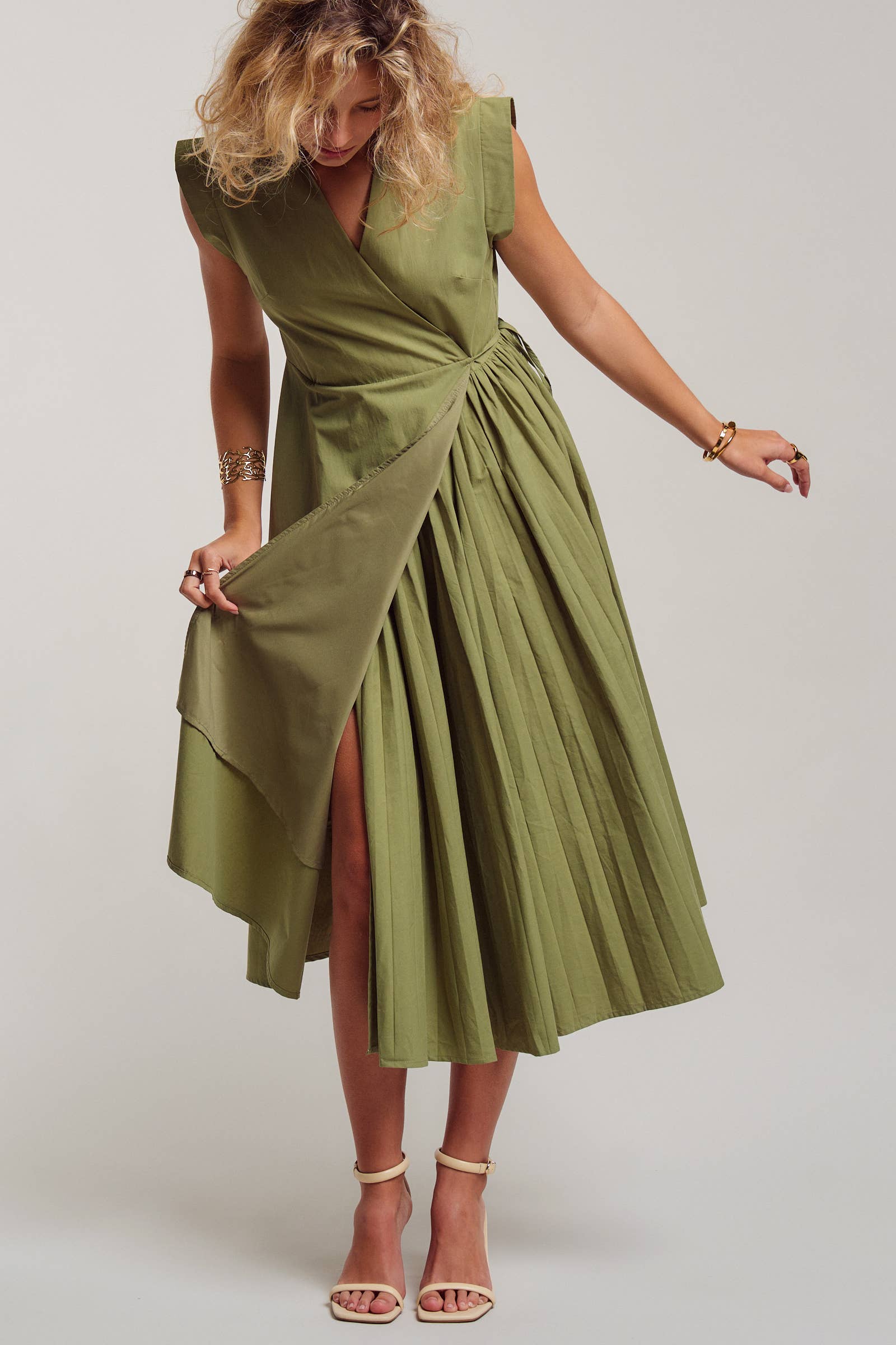Collared Cap Sleeve Wrap Midi Dress