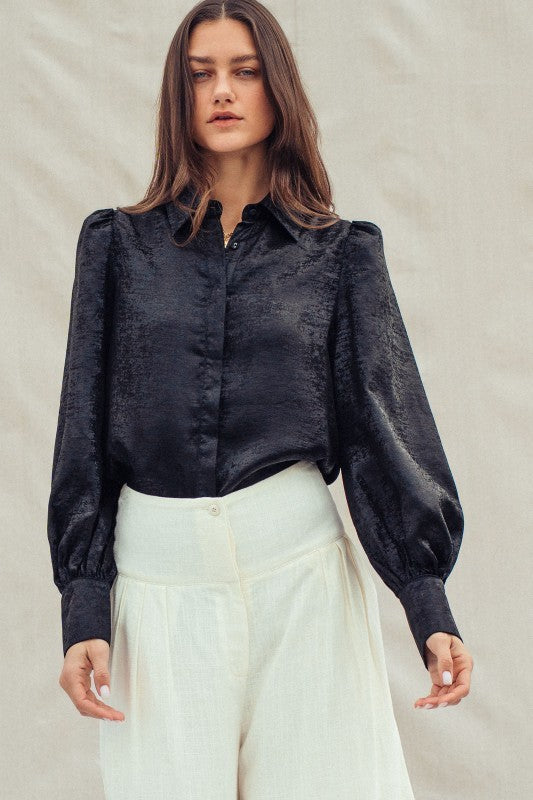 Metallic Shimmer Button Down Blouse with Puff Sleeves in BLACK - Women's Shirts & Blouses | Urban Daizy