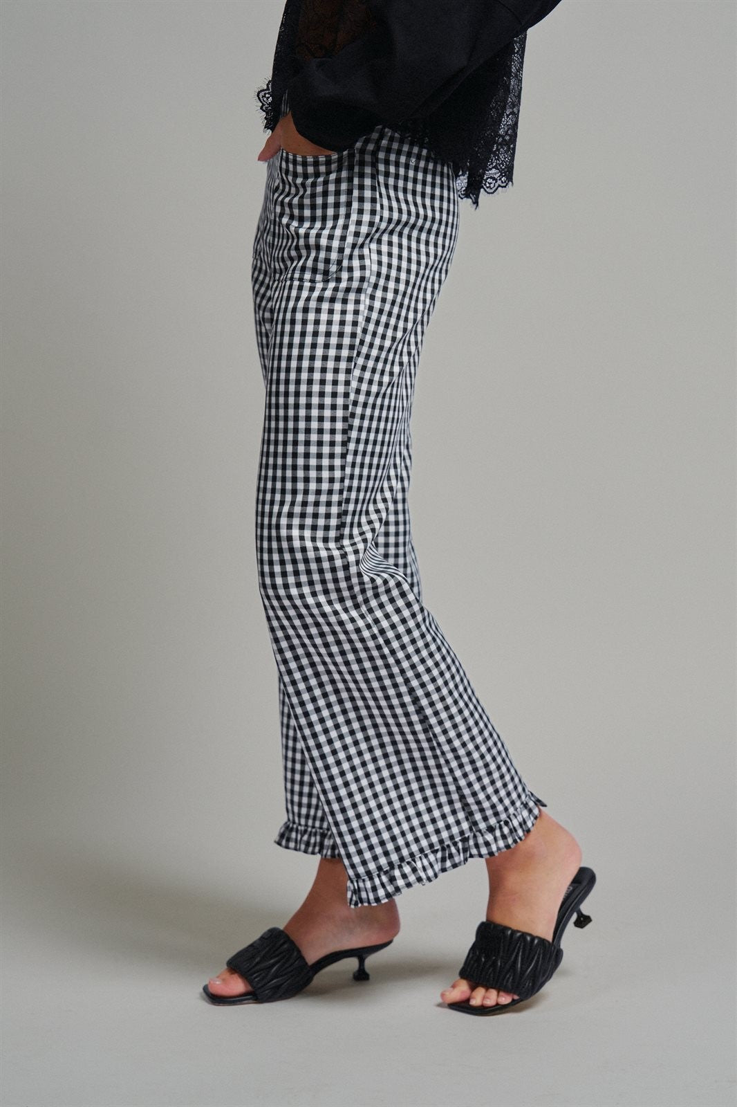 Gingham Ruffle Hem Cropped Wide Leg Pants in Brown in BLACK - Women's Casual Pants | Urban Daizy