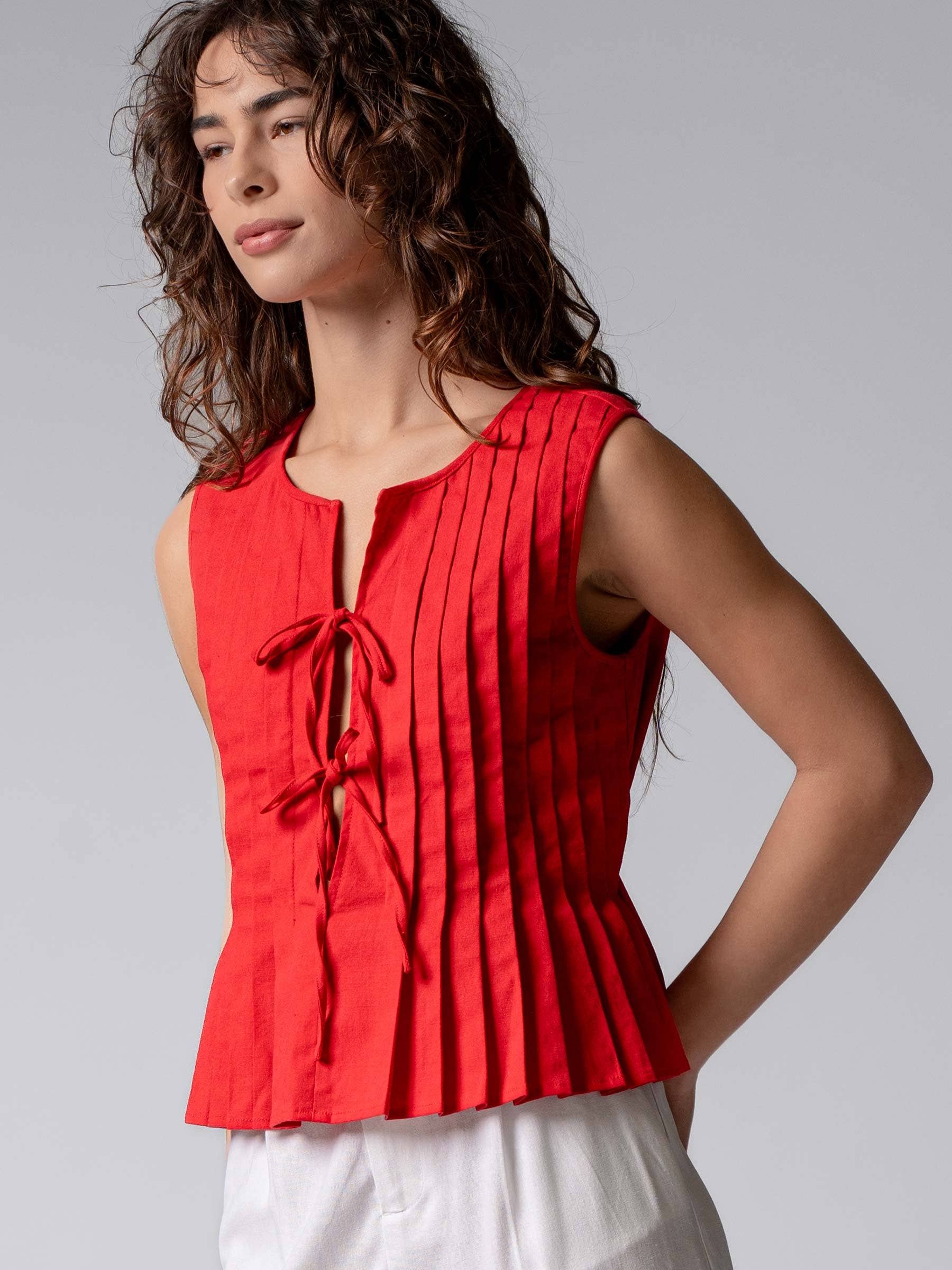 Urban Daizy Pleated Bow Front White Top Ivory Blouse - Women's (UDZ-DR-00389) – alternate view 23