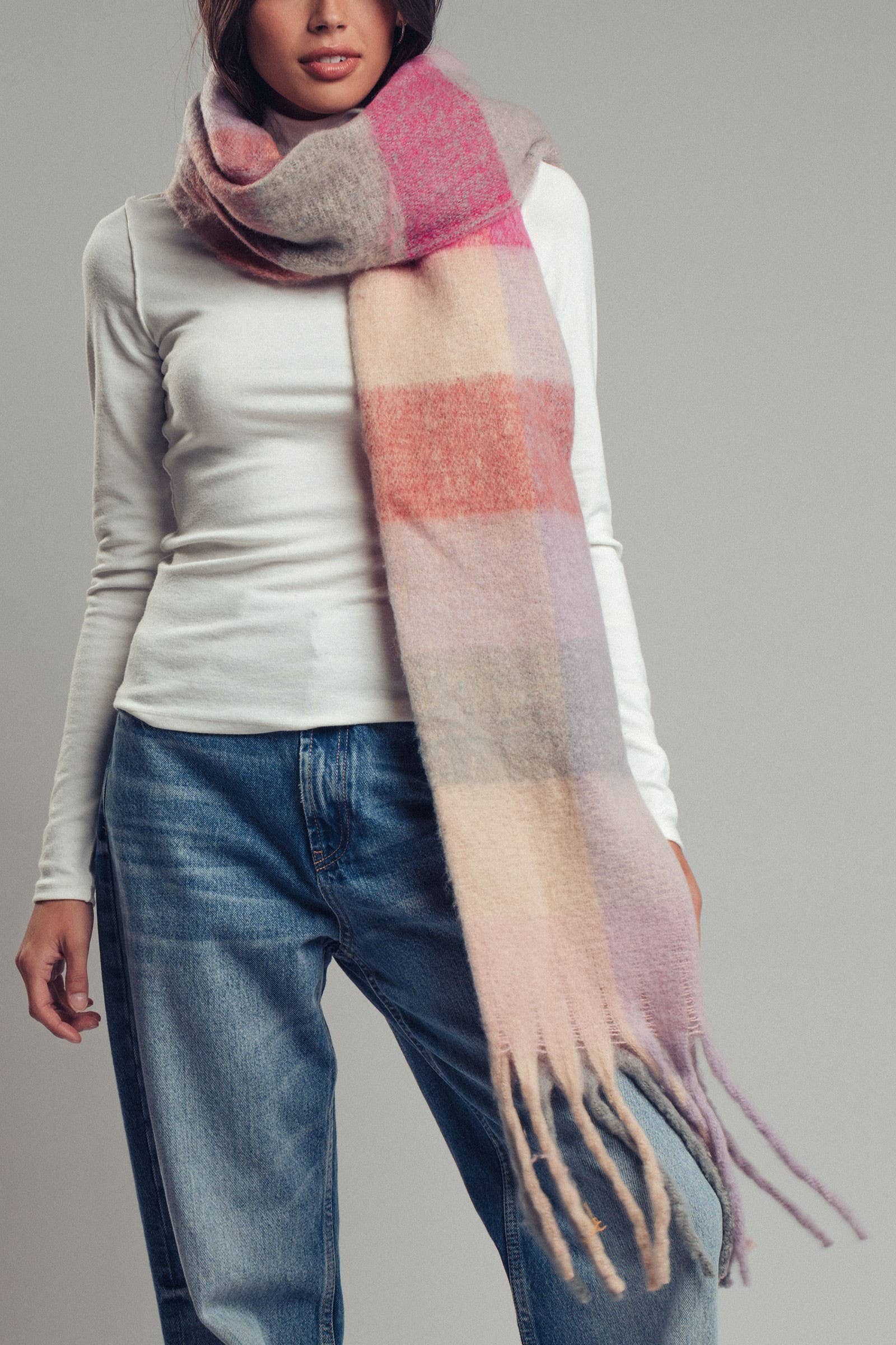 Urban Daizy Plush Oversized Colorblock Plaid Scarf Pink Scarf - Women's (UDZ-KN-00657) – alternate view 10