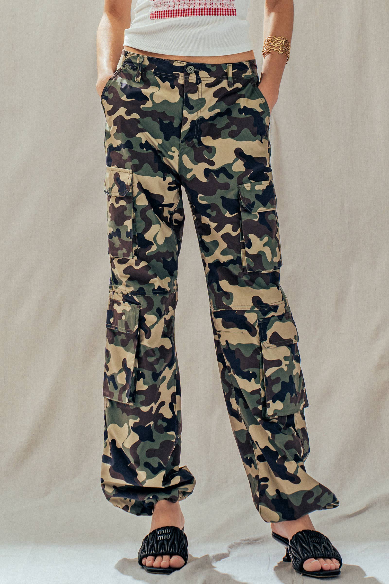 Camo Print Utility Cargo Pants with Drawstring Hem