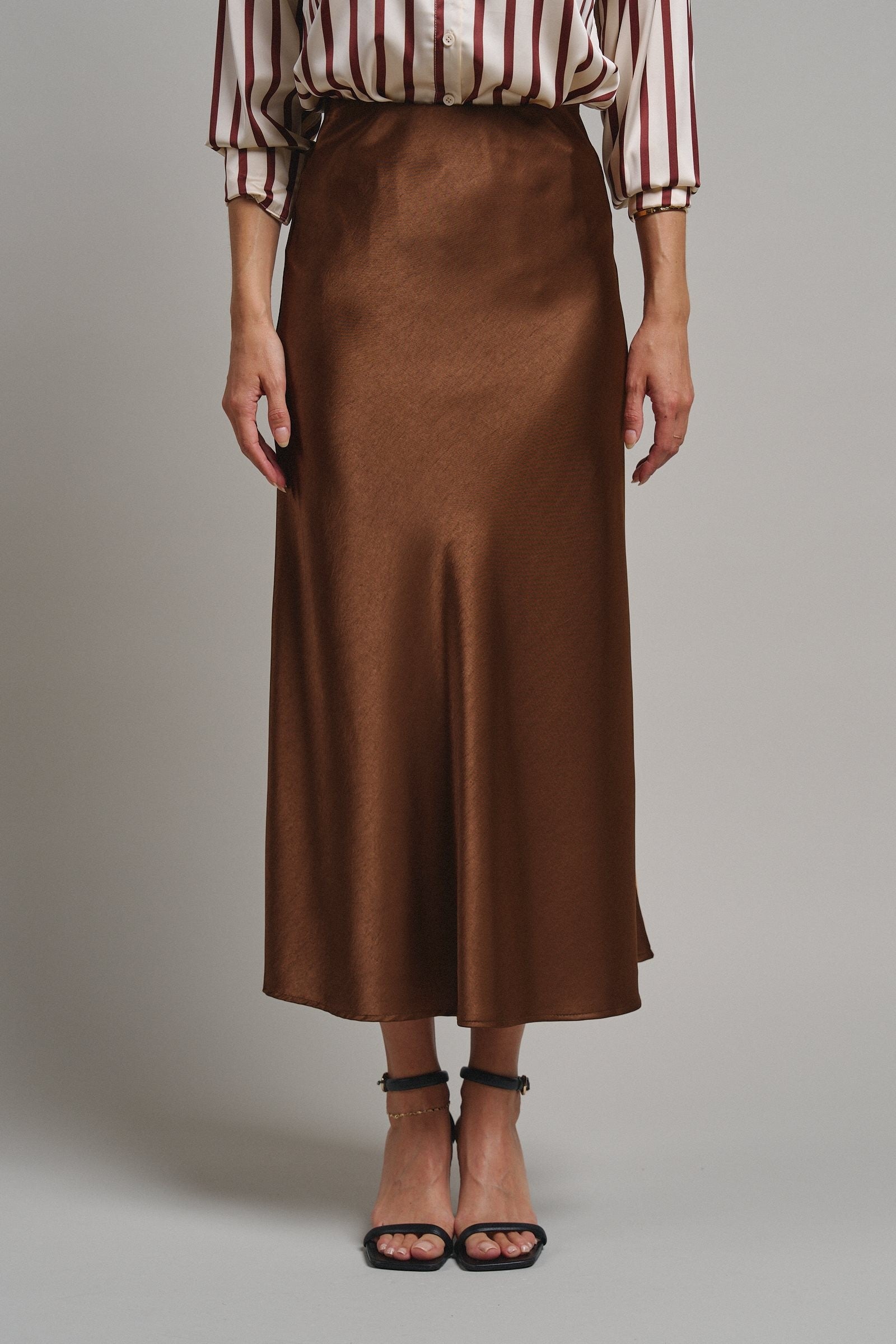 Bias Cut Satin Maxi Skirt with Fluid Drape in BROWN - Women's Midi Skirts | Urban Daizy