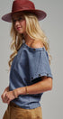 Grommet Trim Washed Cotton Boat Neck Top in VINTAGE NAVY - Women's T-Shirts & Polos | Urban Daizy