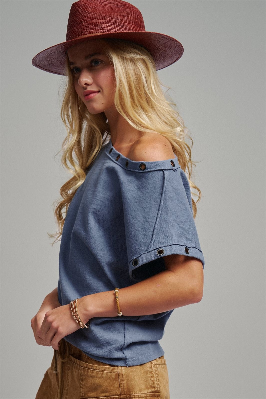 Grommet Trim Washed Cotton Boat Neck Top in VINTAGE NAVY - Women's T-Shirts & Polos | Urban Daizy