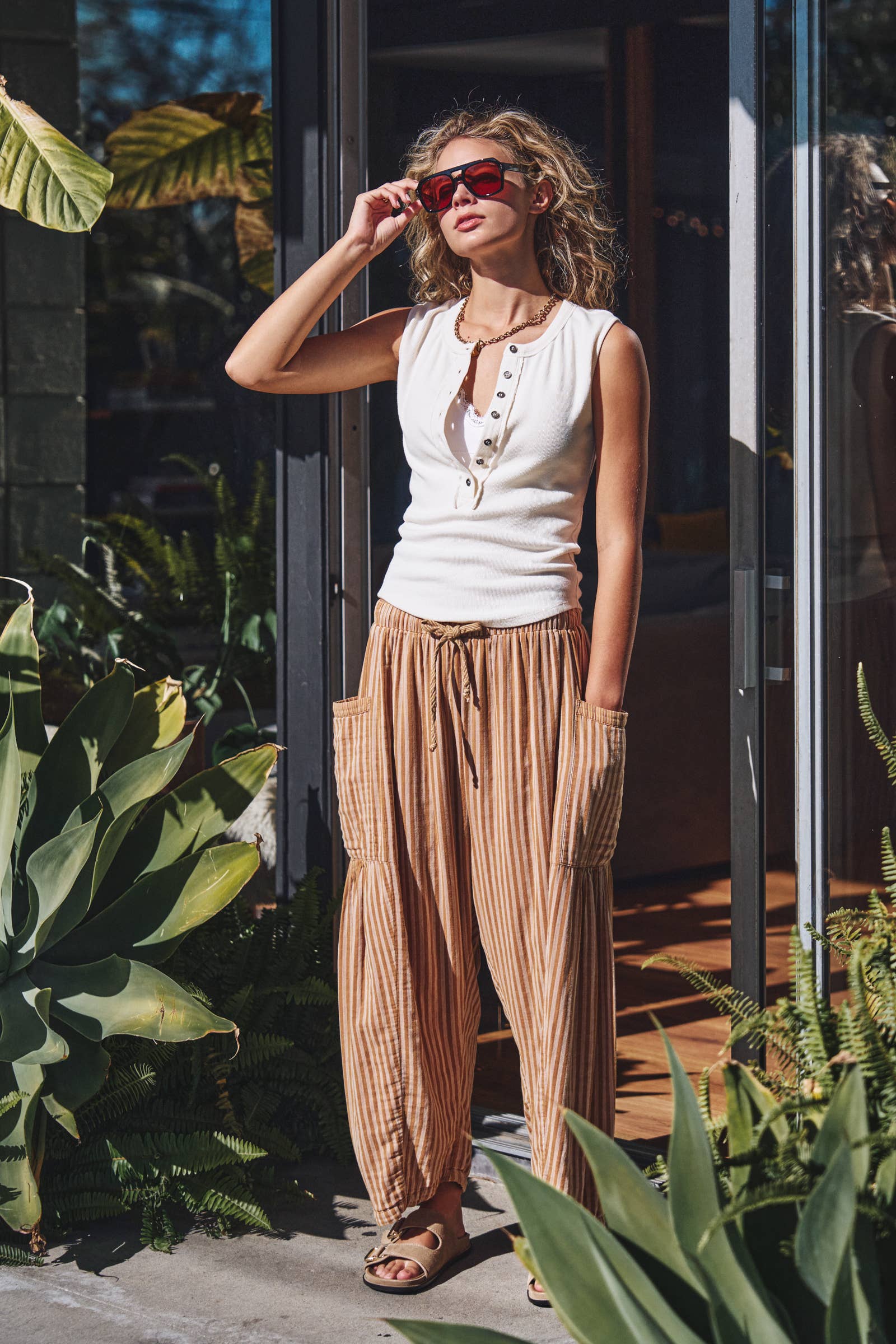 Striped Cotton Drawstring Harem Pants