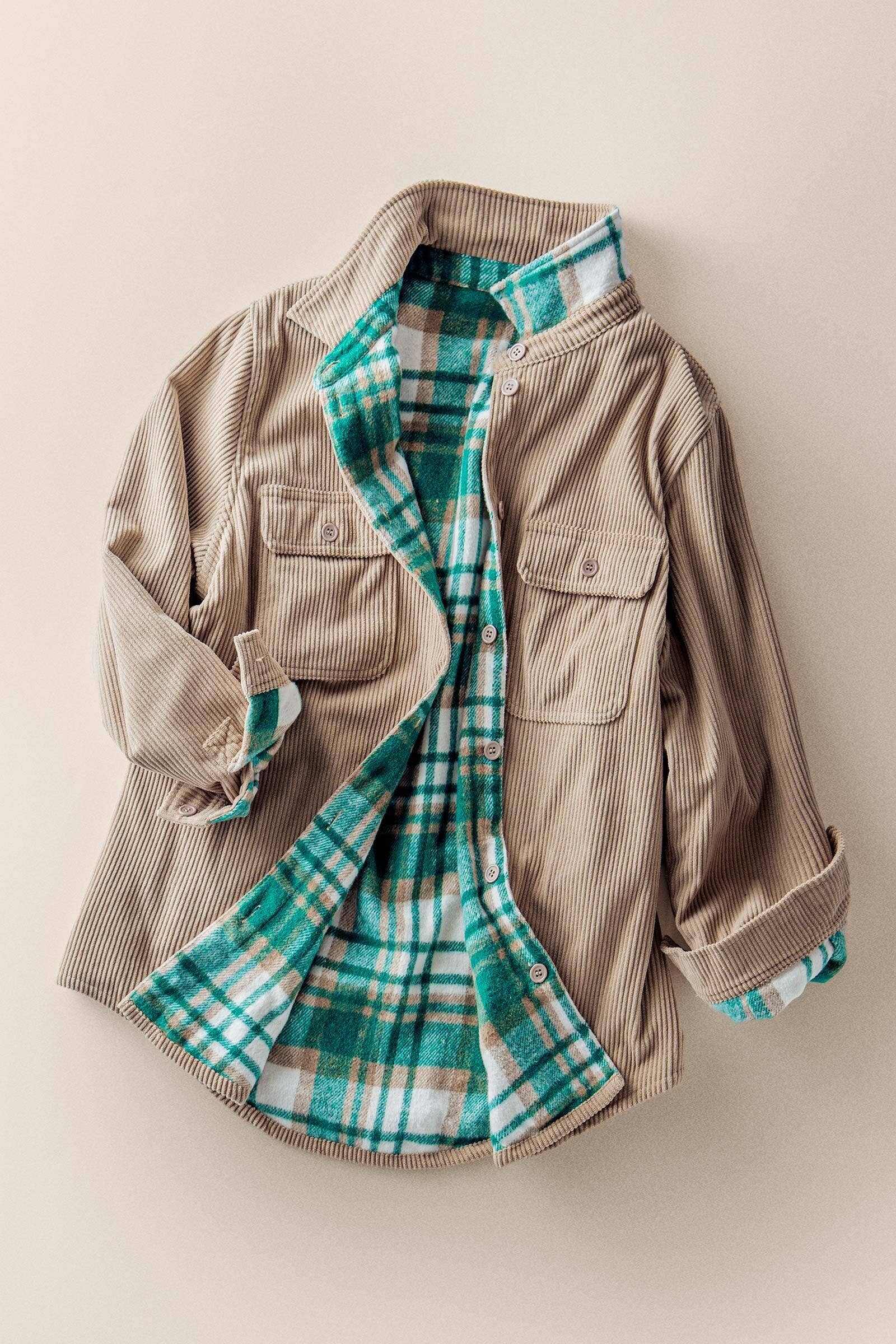 Urban Daizy Plaid Flannel-Lined Corduroy Shacket Taupe Shirt Jacket/Shacket - Women's (UDZ-KN-00150)