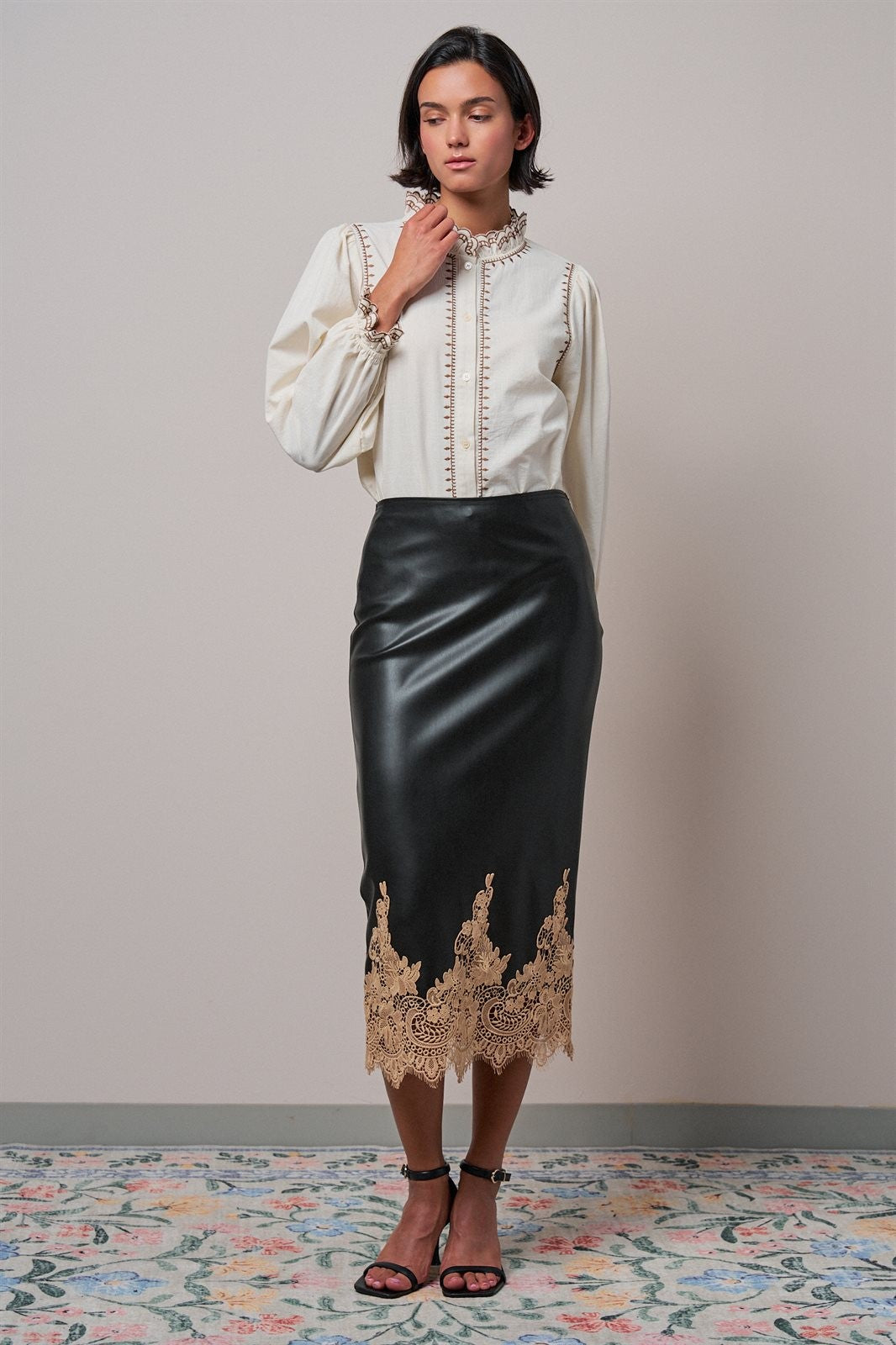 Faux Leather Lace Trim Midi Pencil Skirt in BLACK - Women's Midi Skirts | Urban Daizy