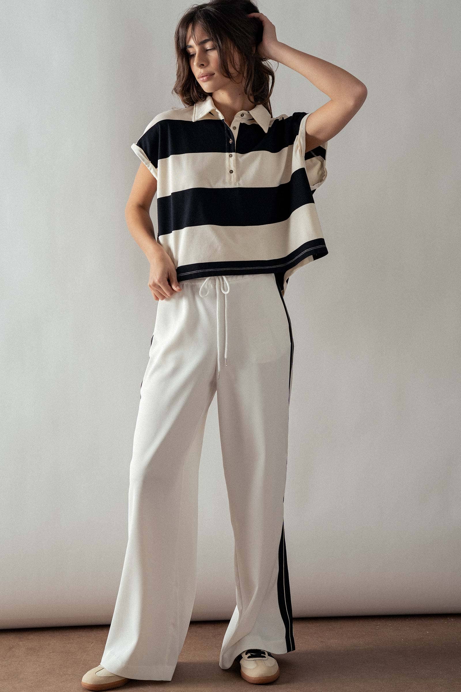 Urban Daizy Bold Striped Dolman Sleeve Polo Shirt Ivory Black Polo - Women's (UDZ-TP-00660) – alternate view 31