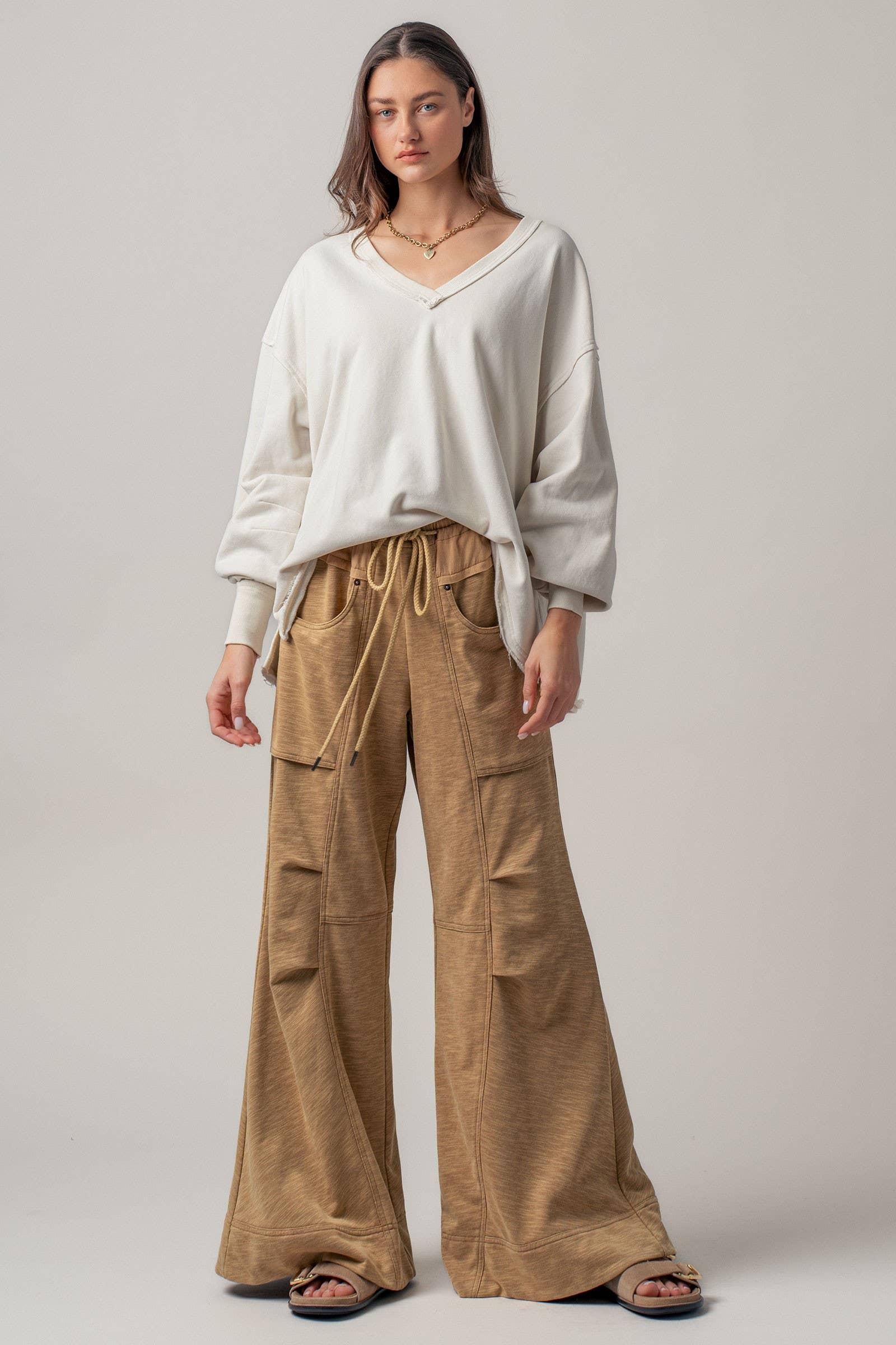 Drawstring Waist Seam Detail Wide-Leg Pants