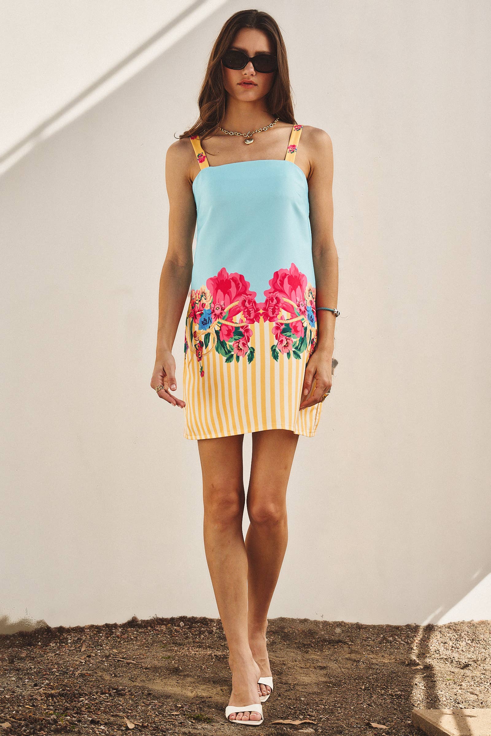 Floral & Stripe Mixed Print Satin Mini Dress