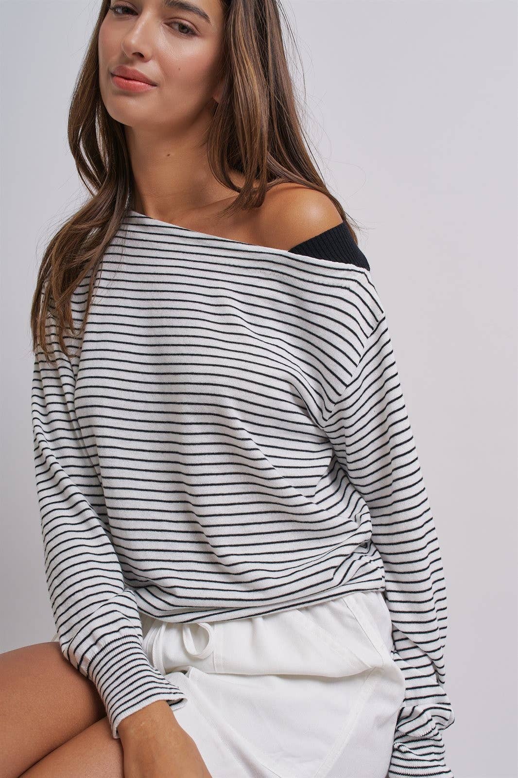 Urban Daizy Asymmetrical Striped One-Shoulder Top Ivory-Black Knit Top - Women's (UDZ-TP-01085-Ivory-Black) – alternate view 3