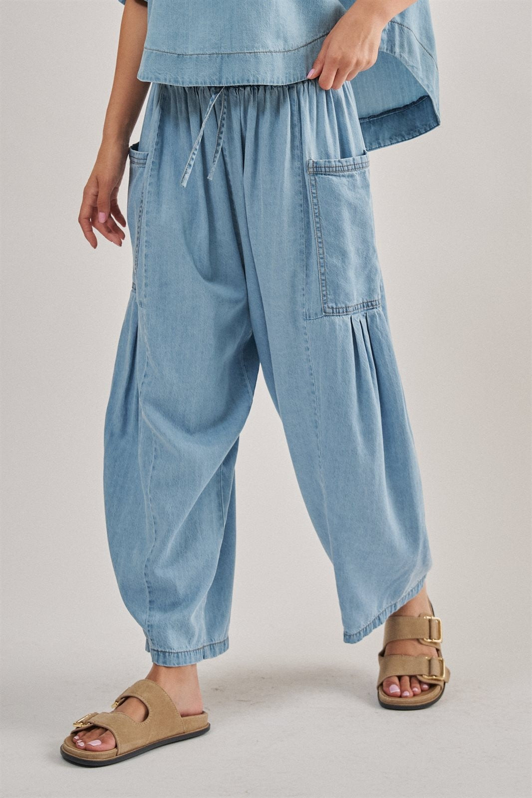 Washed Utility Wide-Leg Pants in CHAMBRAY - Women's Casual Pants | Urban Daizy