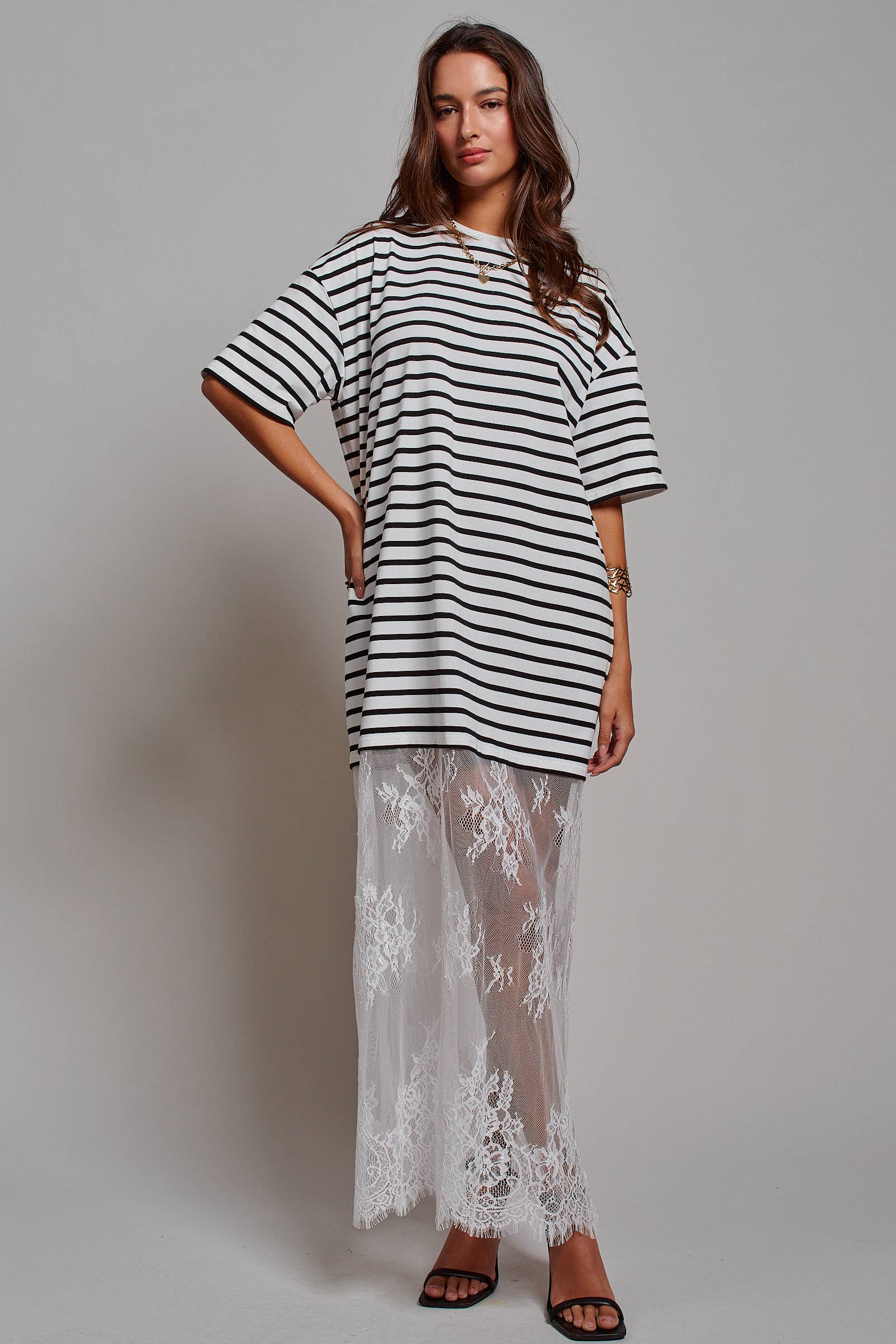 Mixed-Media T-Shirt Dress with Sheer Lace Skirt
