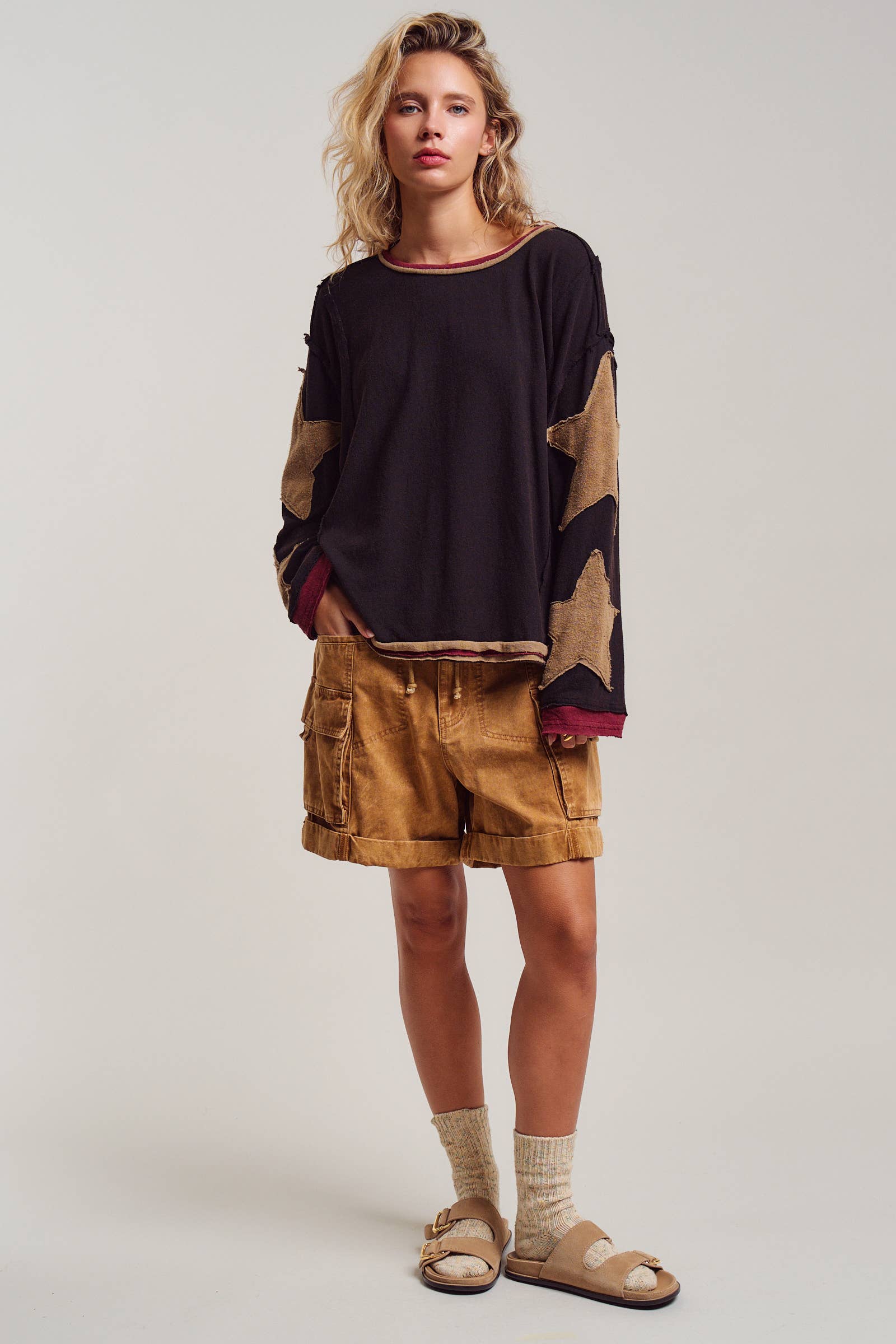 Urban Daizy Raw Seam Star Patch Slouchy Knit Top Brown Knit Top - Women's (UDTP1432-Brown) – alternate view 7