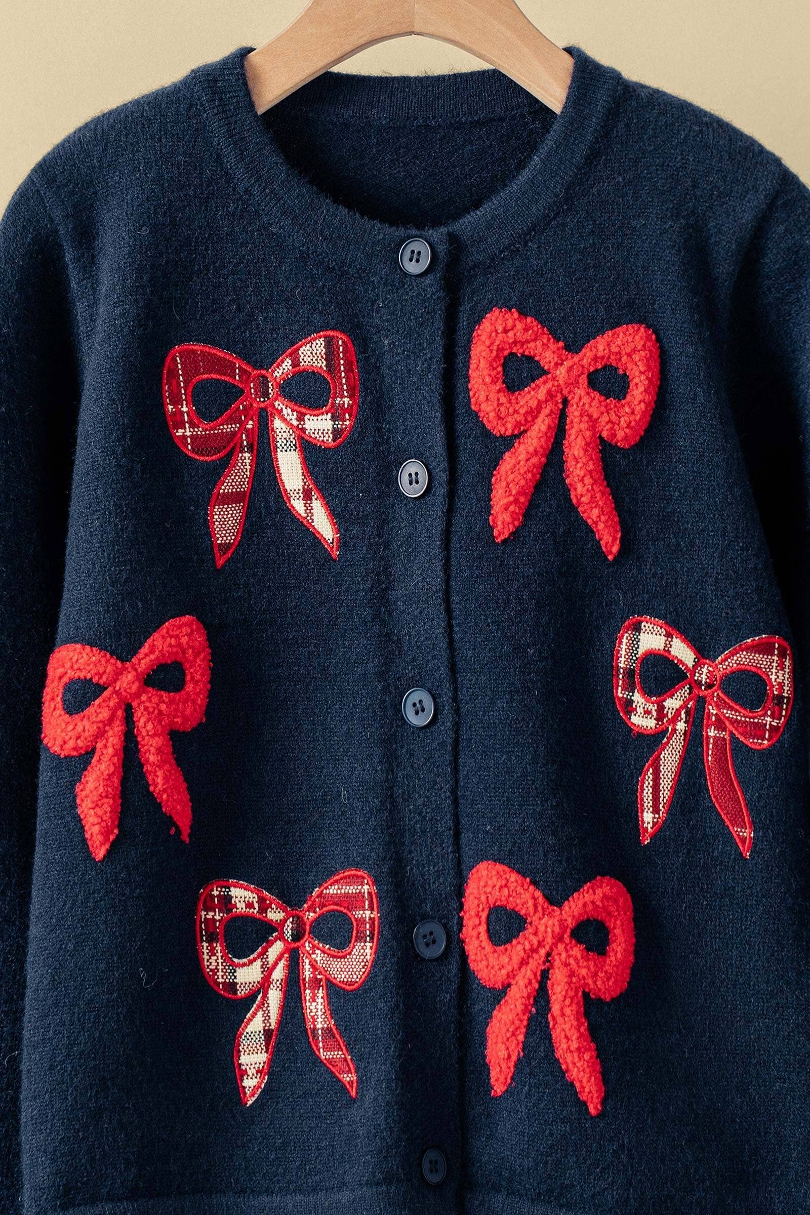 Urban Daizy Textured Bow Appliqué Knit Cardigan Navy Cardigan - Women's (UDZ-KN-00150) – alternate view 2
