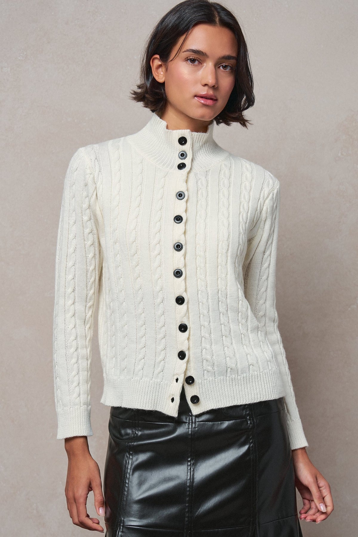 Cable Knit Mock Neck Button-Front Cardigan in IVORY - Women's Sweaters | Urban Daizy