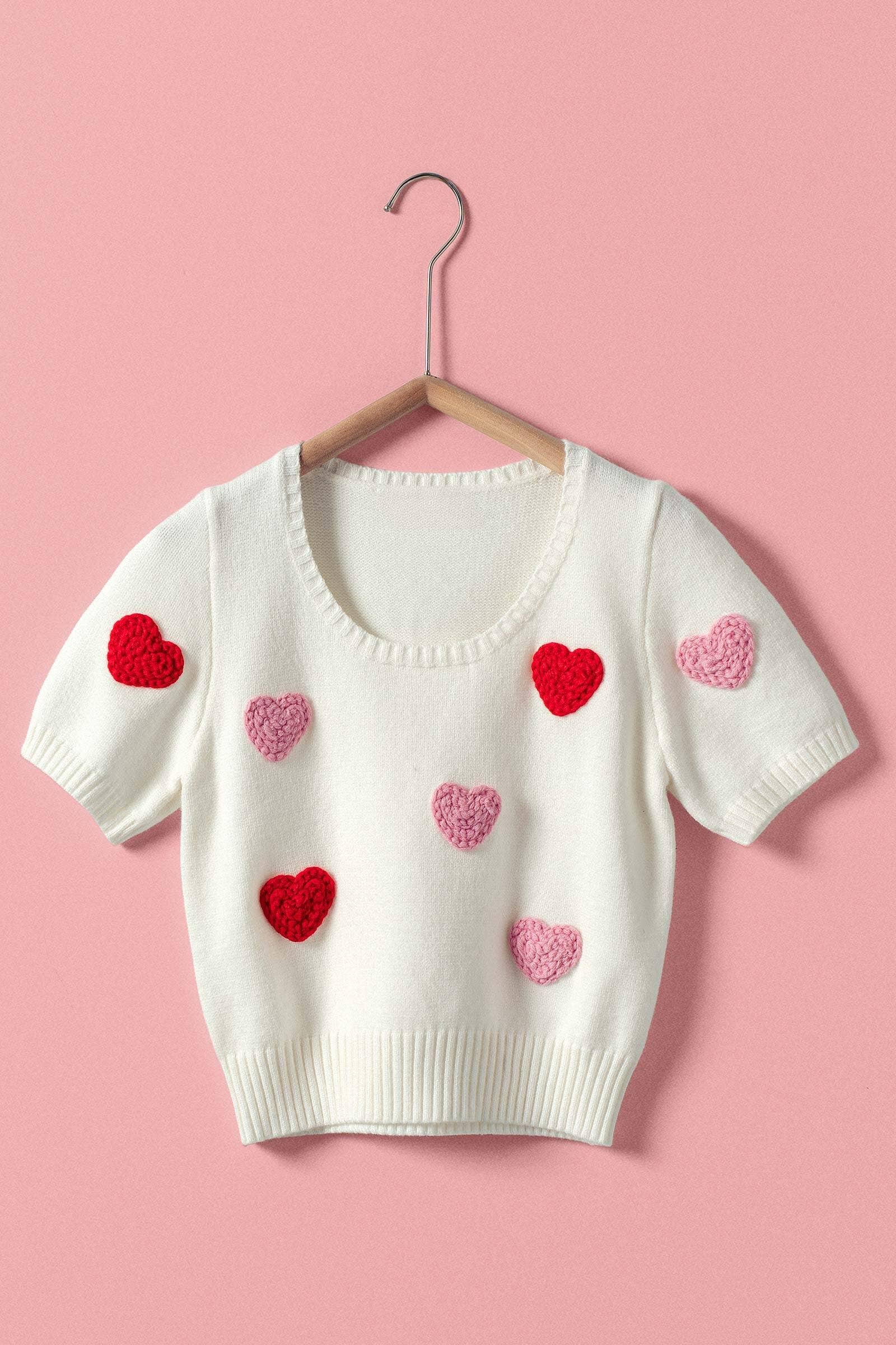 Crochet Heart Applique Knit Sweater Top