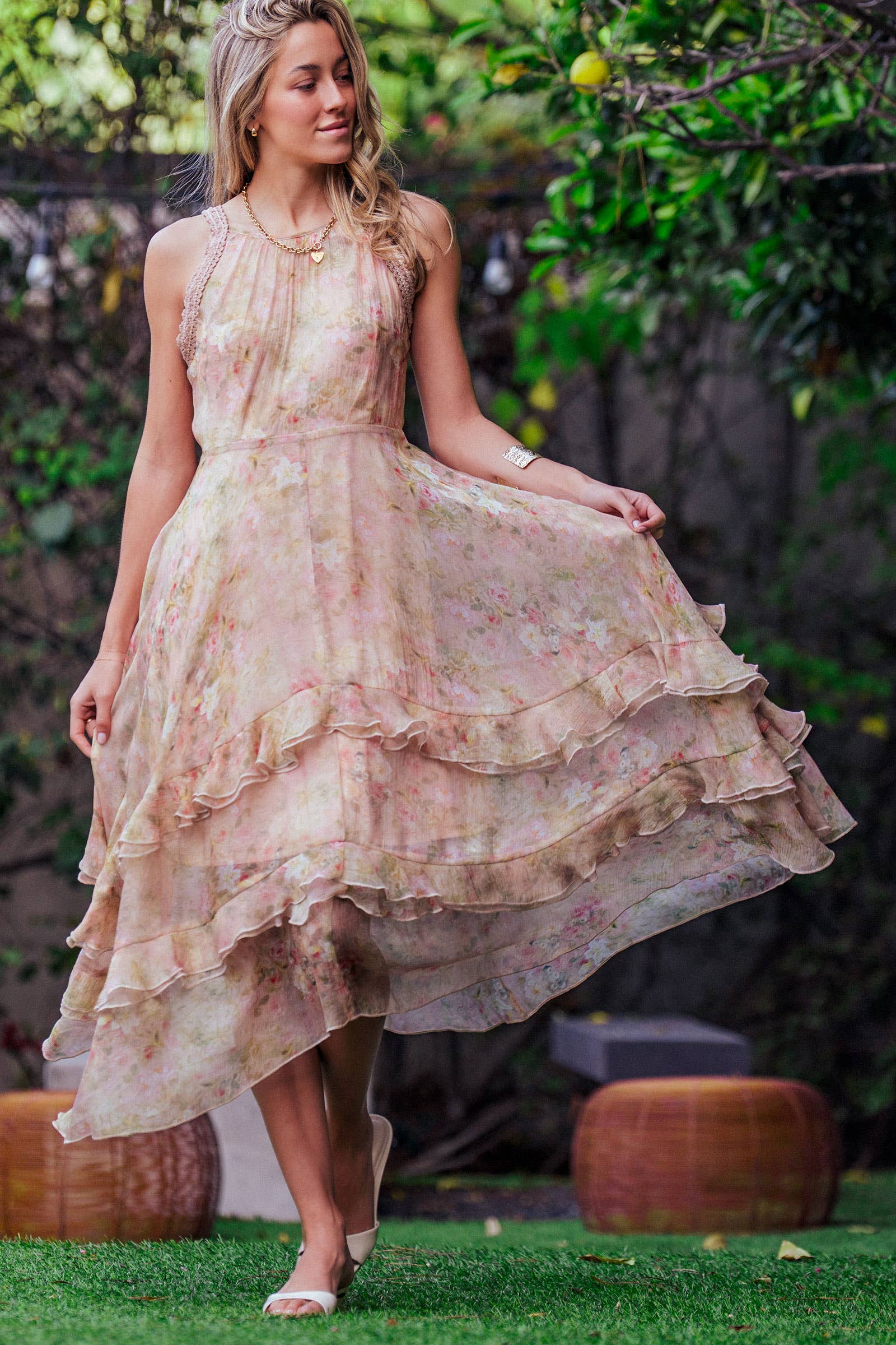 Floral Waterfall Ruffle Midi Dress Crochet Trim