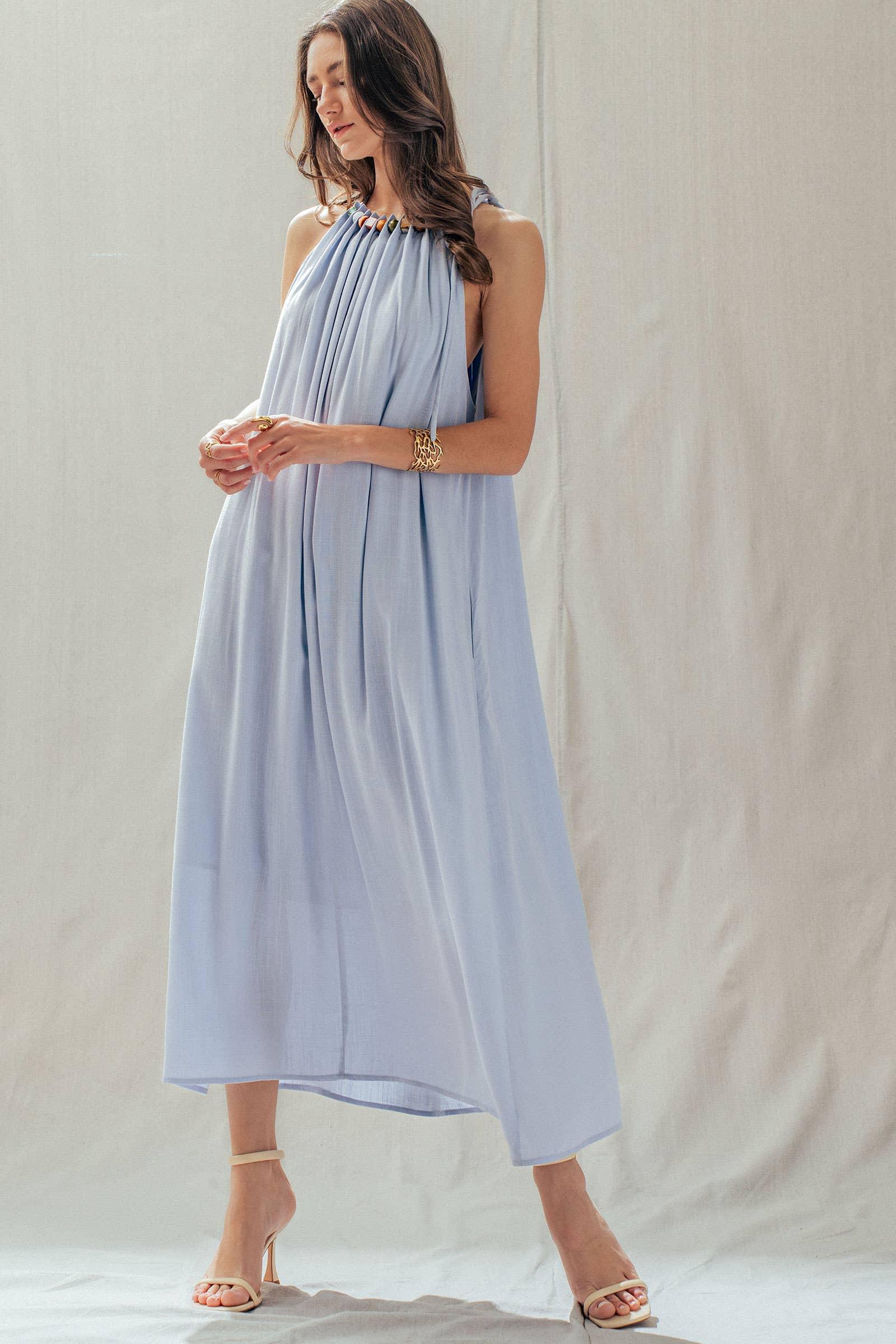 Beaded Halter Neck Linen Blend Maxi Dress