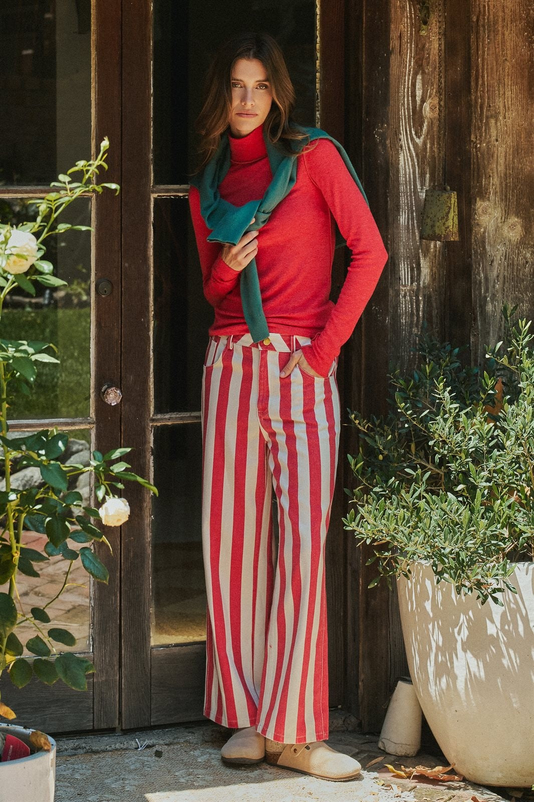 Classic Striped Long Sleeve Turtleneck Top in RED - Women's T-Shirts & Polos | Urban Daizy