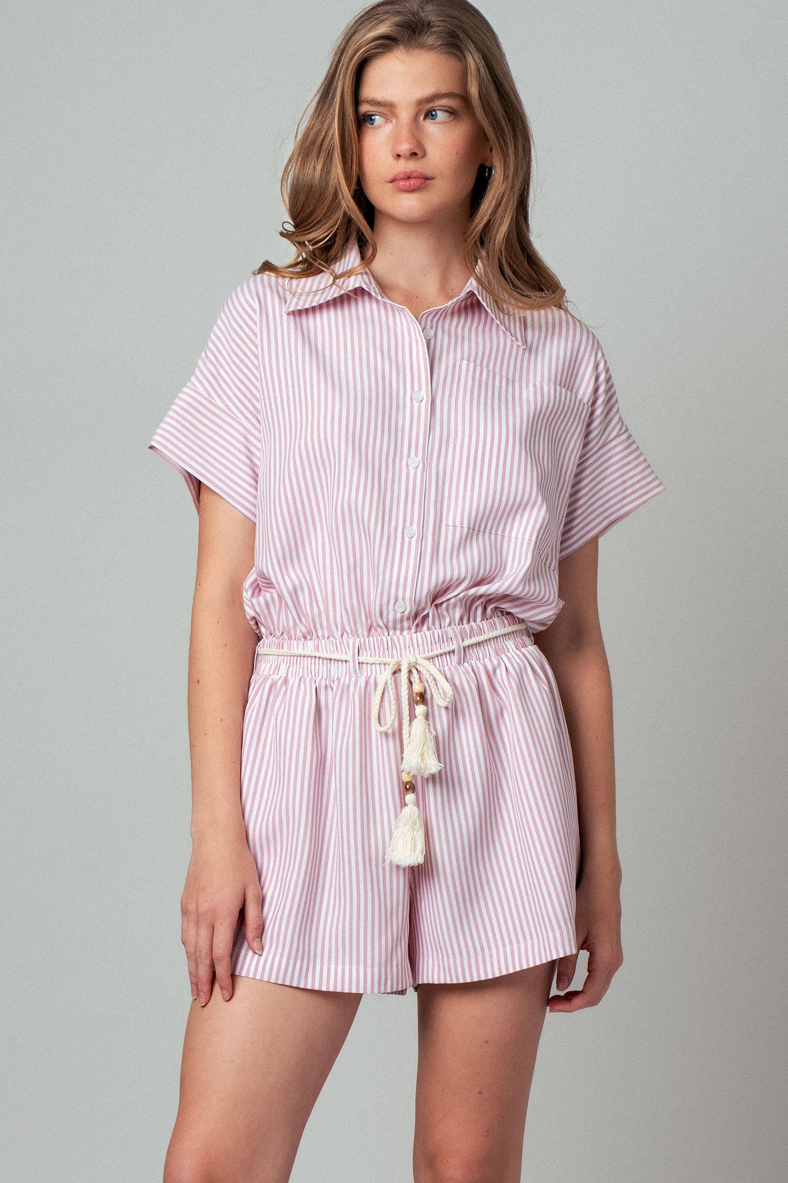 Urban Daizy Striped Tassel-Belt Collared Romper Pink Romper - Women's (UDZ-JR-00069) – alternate view 18