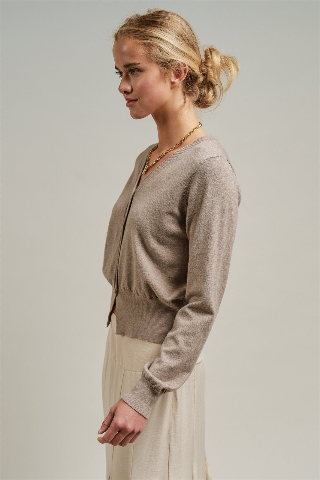 Soft V-Neck Button Knit Cardigan in H MOCHA - Women's Cardigans & Shrugs | Urban Daizy