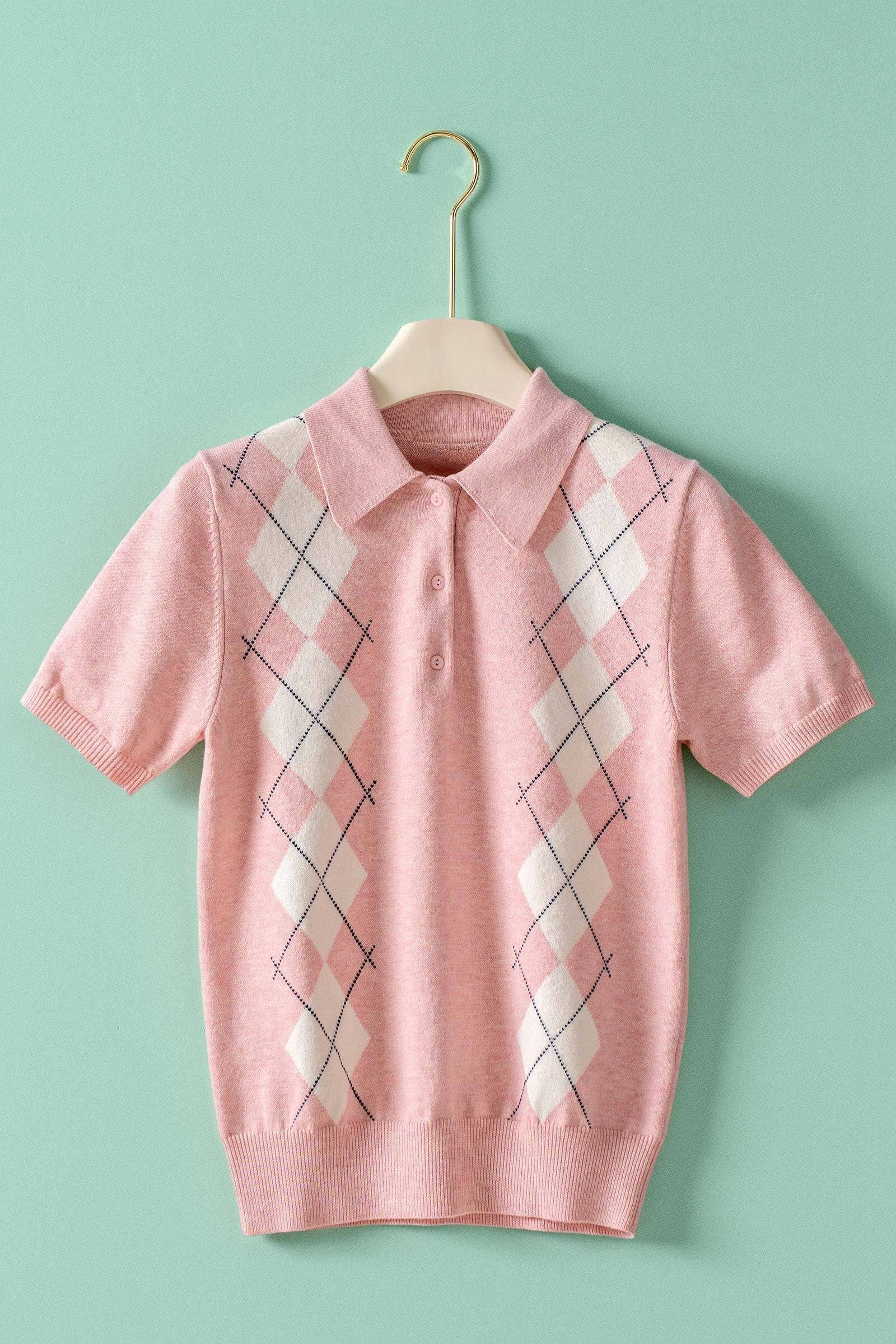 Preppy Argyle Short Sleeve Sweater