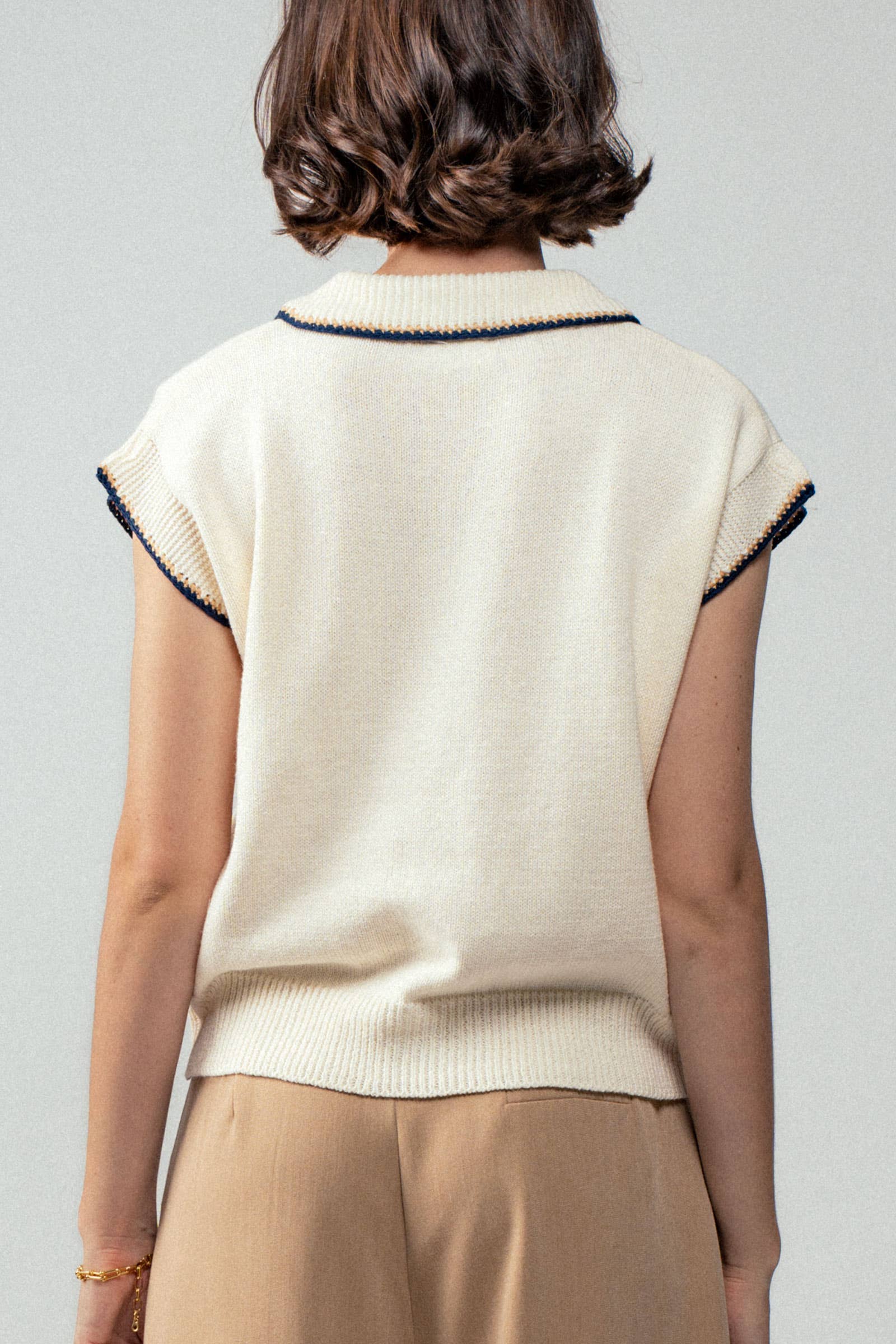 Urban Daizy Contrast Stitch Cropped Polo Knit Top Ivory Polo - Women's (TNTP3807-Ivory) – alternate view 5