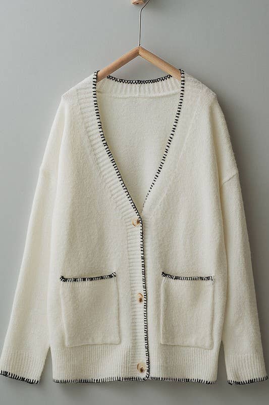 Urban Daizy Contrast Stitch Button Front Relaxed Knit Cardigan Ivory Cardigan - Women's (UDZ-KN-00413) – alternate view 8