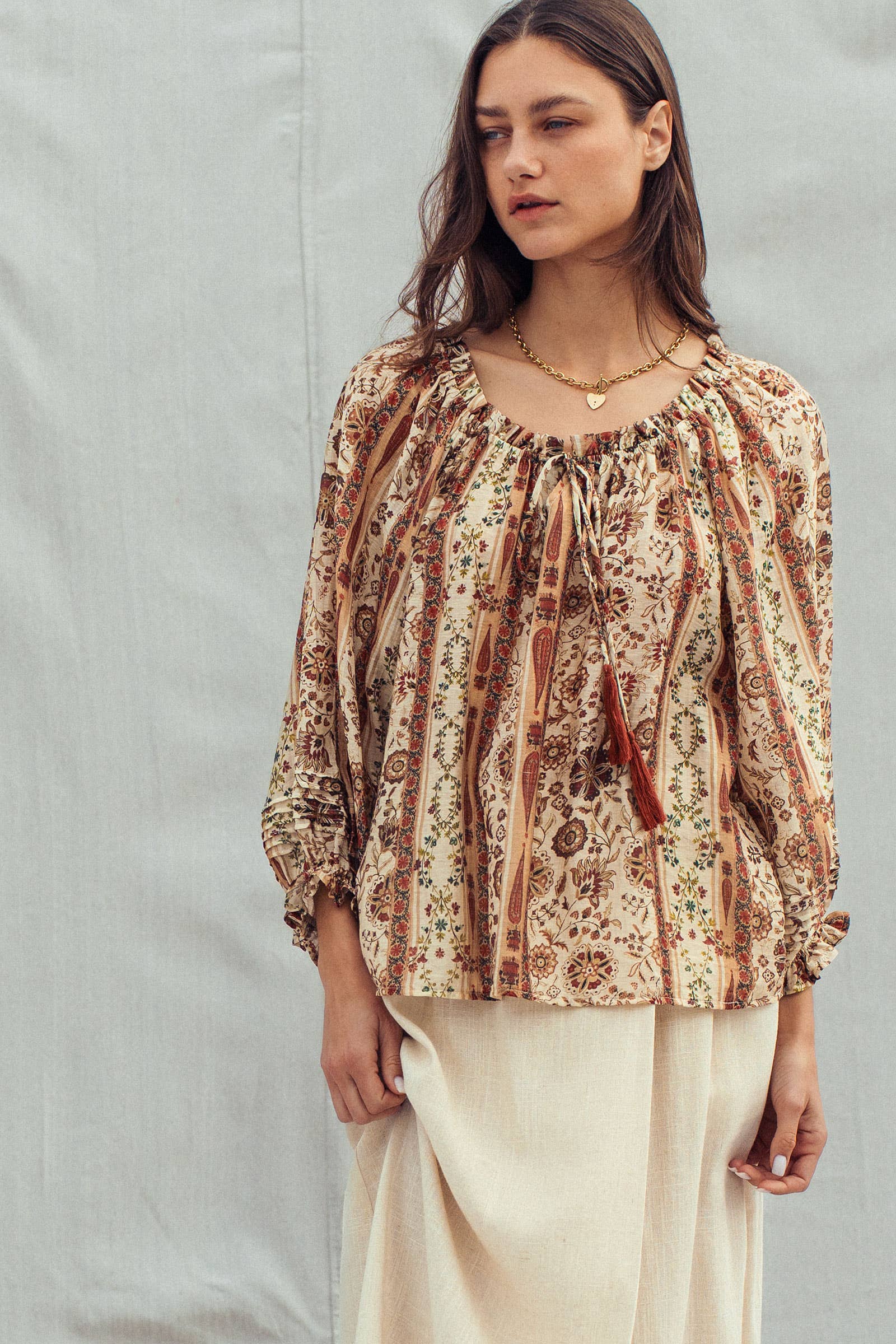 Urban Daizy Boho Off-Shoulder Floral Stripe Blouse Brown-Multi Blouse - Women's (UDZ-TP-01030) – alternate view 13